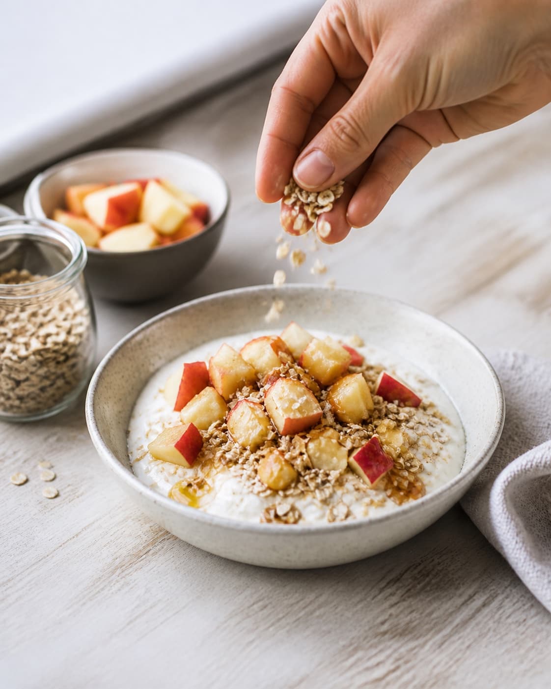 One single photorealistic instructional frame of finished breakfast bowls topped with the named fruit and garnish for Drænet yoghurt med knas og æbler, featuring græsk yoghurt, æbler, havregryn, with only the named equipment and no unrelated food, text, logos or packaging under tilberedningen af drænet yoghurt med knas og æbler