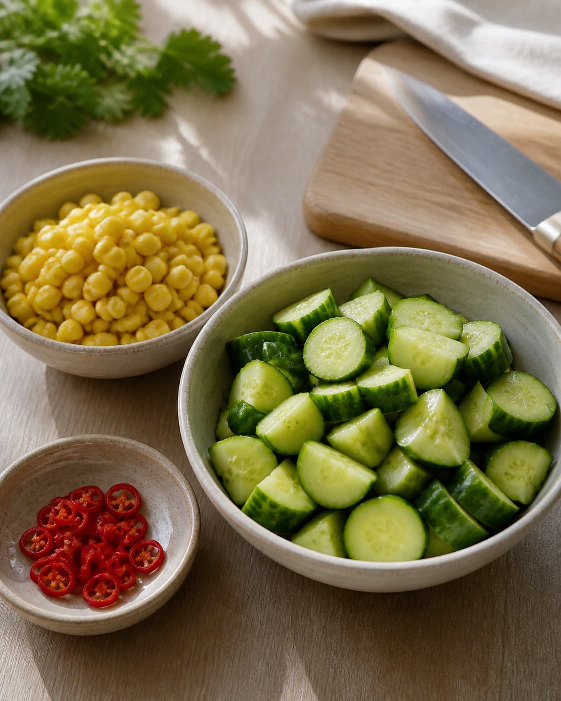 One single photorealistic instructional frame of washed and evenly cut raw ingredients arranged in separate bowls for Mexi Agurkesalat, featuring agurk, majs, rød chili, with only the named equipment and no unrelated food, text, logos or packaging under tilberedningen af mexi agurkesalat
