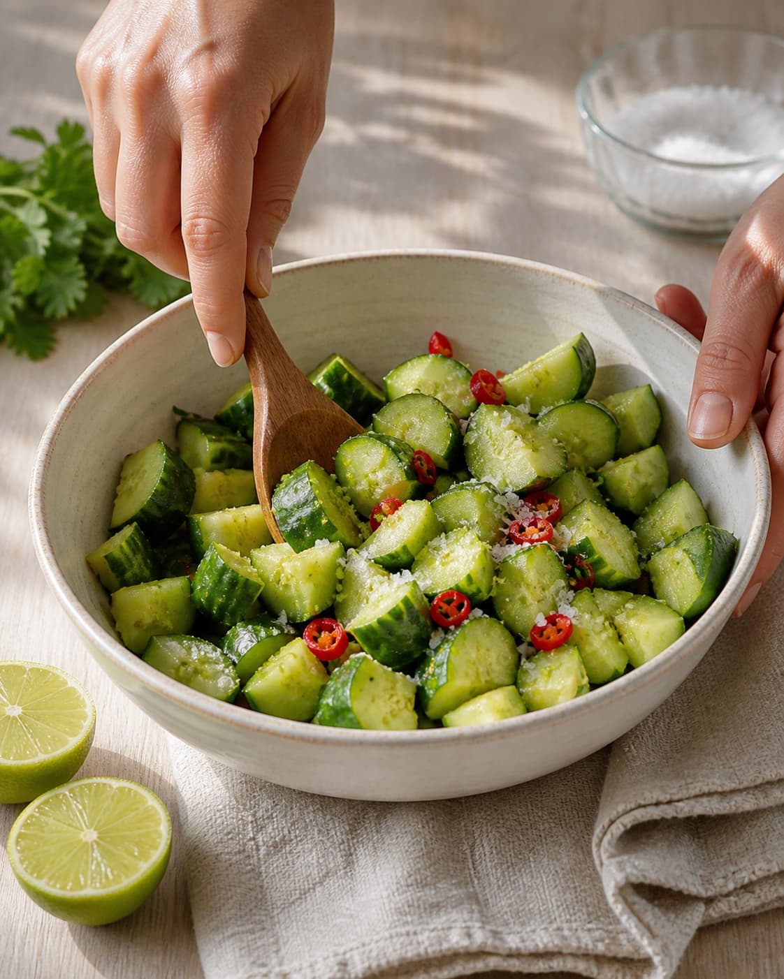 Fresh cucumber pieces being tossed with lime chili and salt in one bowl, no oven, roasting tray or cooked cucumber under tilberedningen af mexi agurkesalat