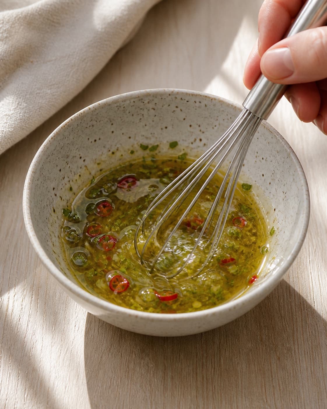 One single photorealistic instructional frame of a glossy dressing being whisked in one small bowl for Mexi Agurkesalat, featuring agurk, majs, rød chili, with only the named equipment and no unrelated food, text, logos or packaging under tilberedningen af mexi agurkesalat