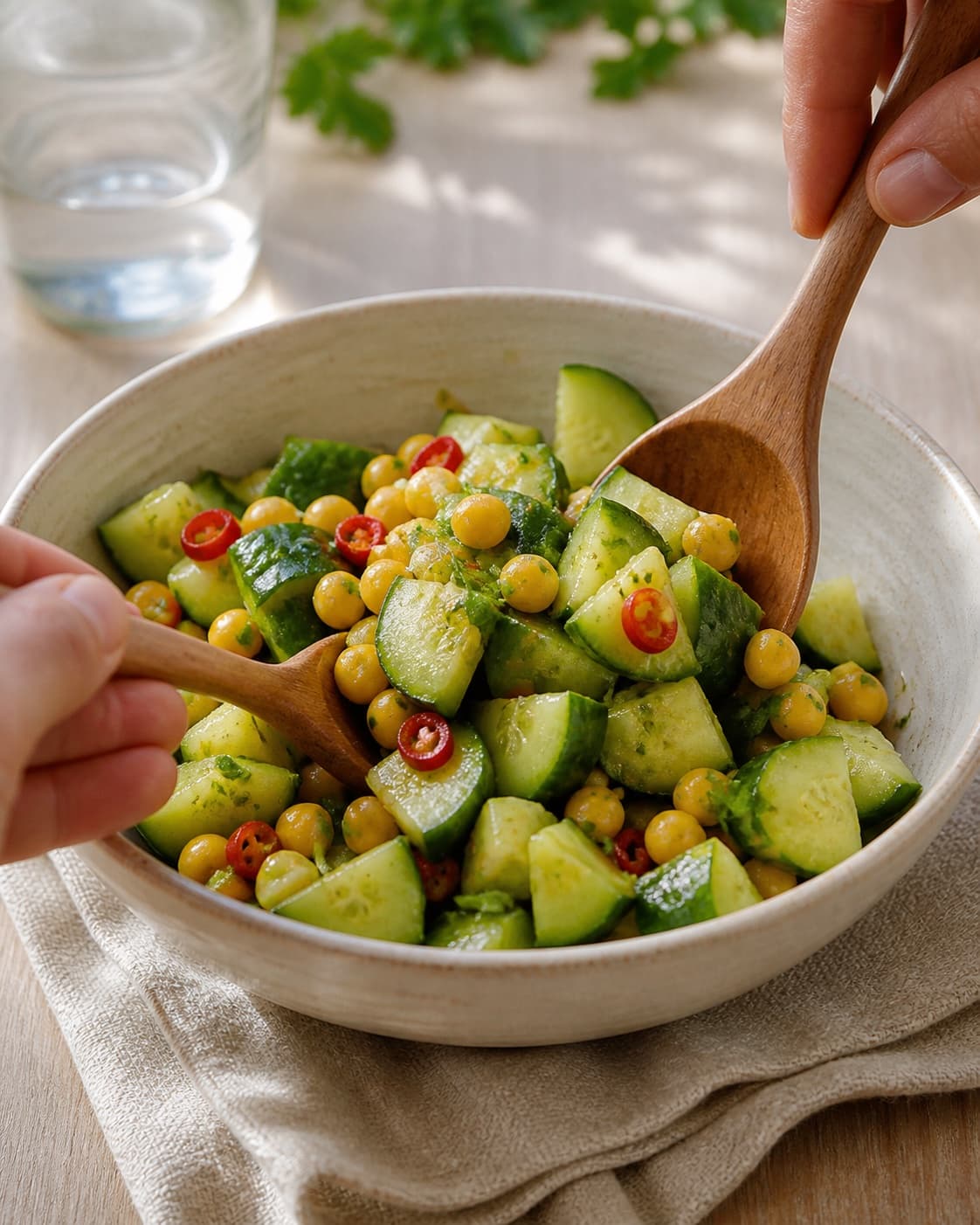 One single photorealistic instructional frame of the prepared salad components being gently tossed together for Mexi Agurkesalat, featuring agurk, majs, rød chili, with only the named equipment and no unrelated food, text, logos or packaging under tilberedningen af mexi agurkesalat