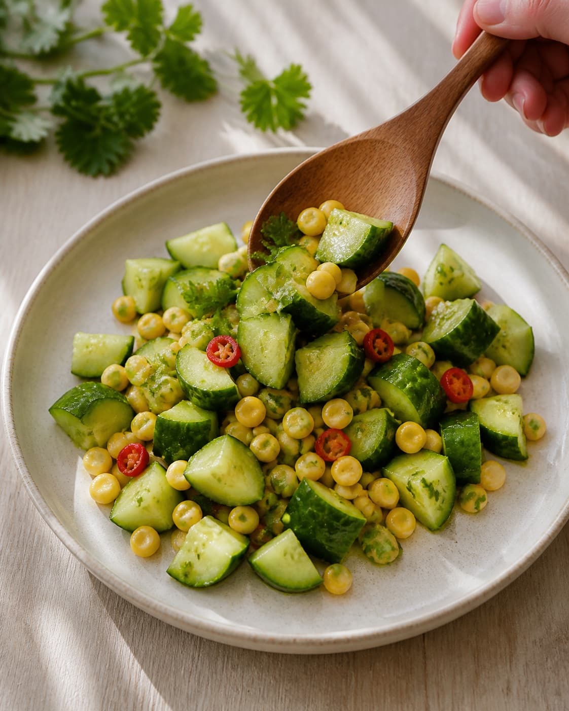 One single photorealistic instructional frame of the finished salad arranged loosely on one serving platter for Mexi Agurkesalat, featuring agurk, majs, rød chili, with only the named equipment and no unrelated food, text, logos or packaging under tilberedningen af mexi agurkesalat