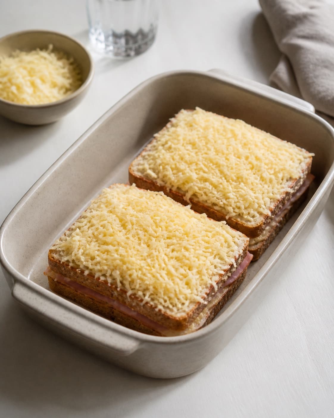 One single photorealistic instructional frame of the unbaked casserole assembled in one clean dish for Croque Monsieur og Croque Madame, featuring toastbrød, skinke, gruyère, with only the named equipment and no unrelated food, text, logos or packaging under tilberedningen af croque monsieur og croque madame