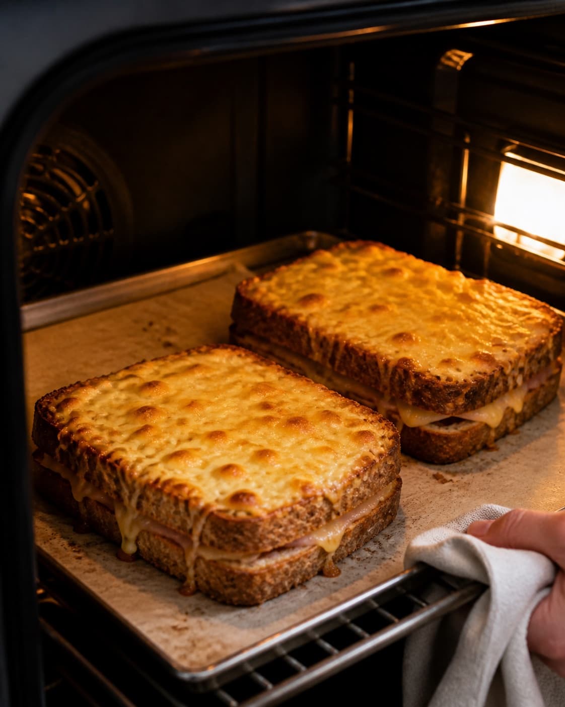 One single photorealistic instructional frame of the casserole bubbling and browning in the oven for Croque Monsieur og Croque Madame, featuring toastbrød, skinke, gruyère, with only the named equipment and no unrelated food, text, logos or packaging under tilberedningen af croque monsieur og croque madame