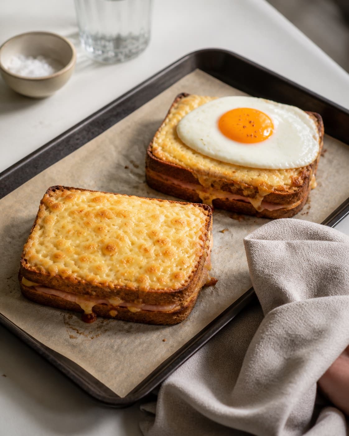One single photorealistic instructional frame of the finished casserole resting before serving for Croque Monsieur og Croque Madame, featuring toastbrød, skinke, gruyère, with only the named equipment and no unrelated food, text, logos or packaging under tilberedningen af croque monsieur og croque madame