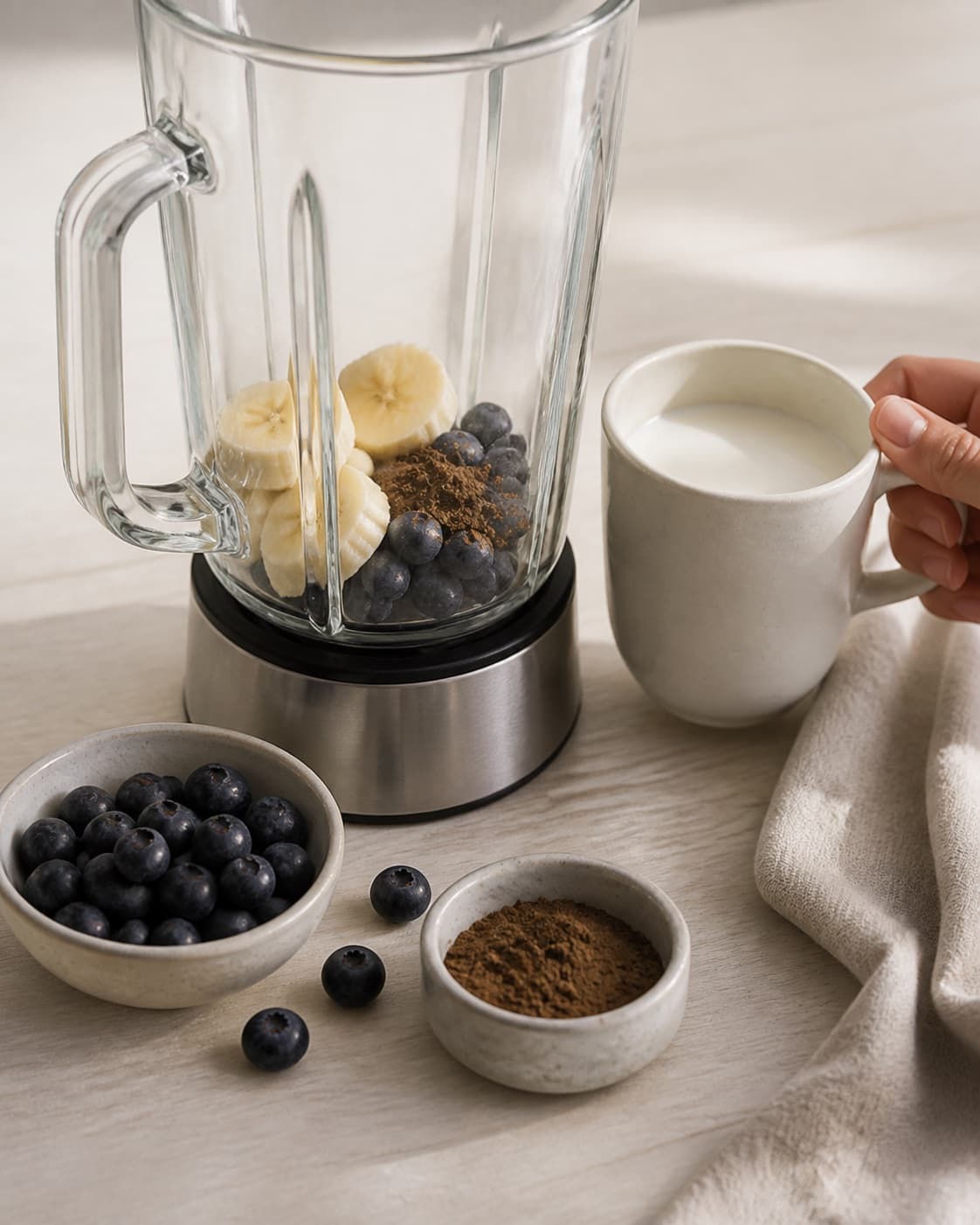 One single photorealistic instructional frame of prepared fruit and measured liquid beside one blender for Blåbær og lakridssmoothie, featuring blåbær, banan, lakridspulver, with only the named equipment and no unrelated food, text, logos or packaging under tilberedningen af blåbær og lakridssmoothie