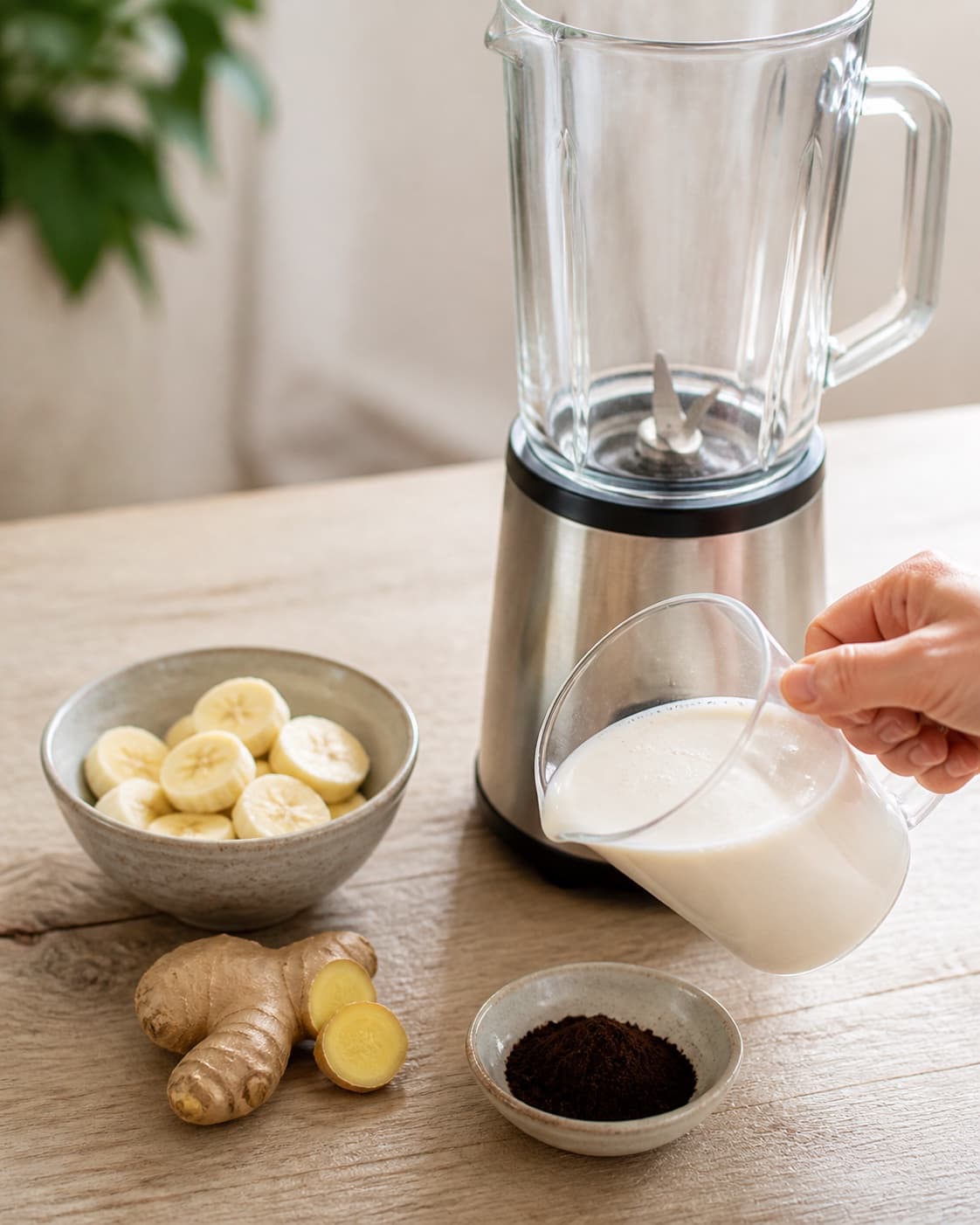 One single photorealistic instructional frame of prepared fruit and measured liquid beside one blender for Smoothie med ingefær og lakrids, featuring banan, frisk ingefær, lakridspulver, with only the named equipment and no unrelated food, text, logos or packaging under tilberedningen af smoothie med ingefær og lakrids