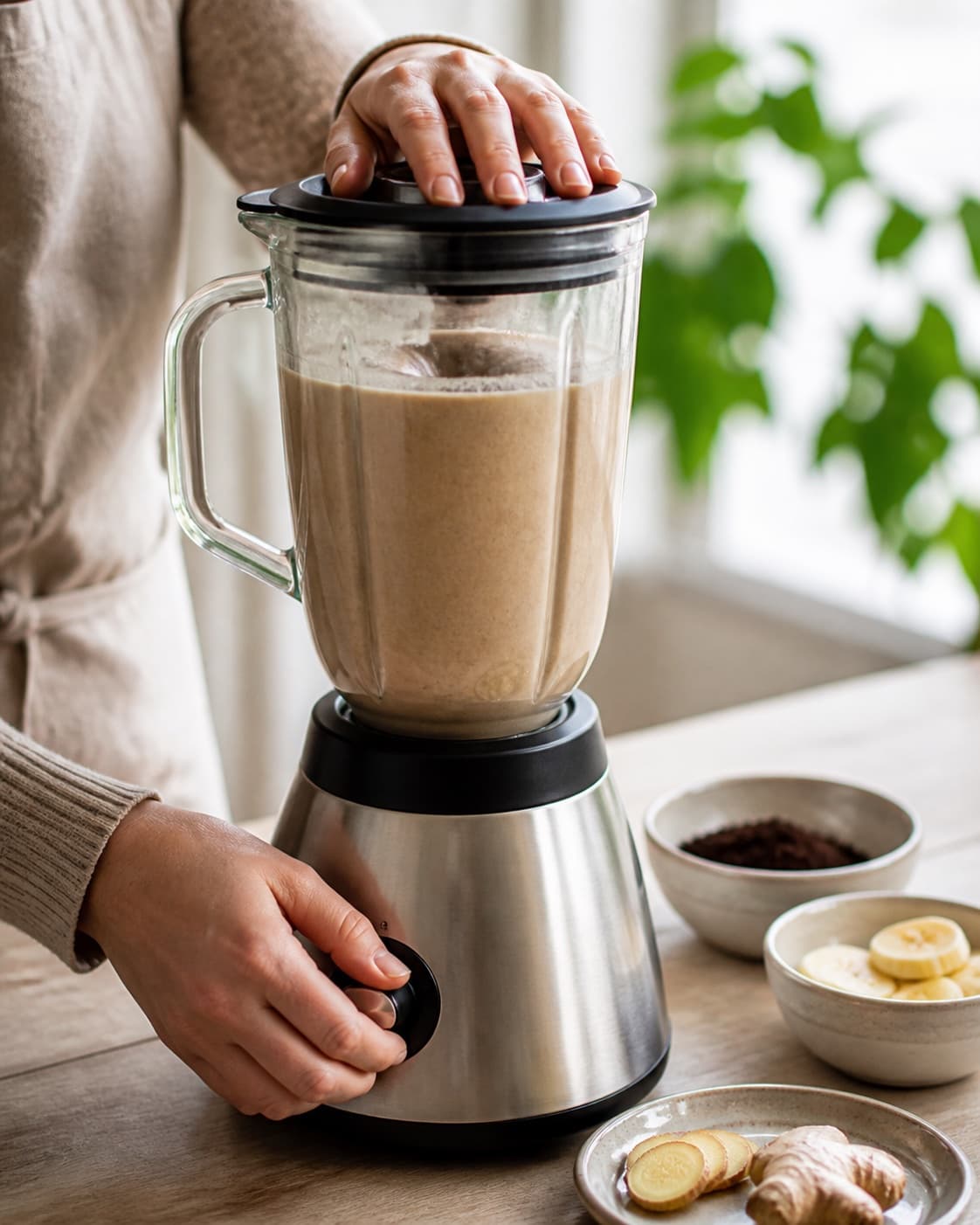 One single photorealistic instructional frame of the final colorful smoothie blending until thick and uniform for Smoothie med ingefær og lakrids, featuring banan, frisk ingefær, lakridspulver, with only the named equipment and no unrelated food, text, logos or packaging under tilberedningen af smoothie med ingefær og lakrids