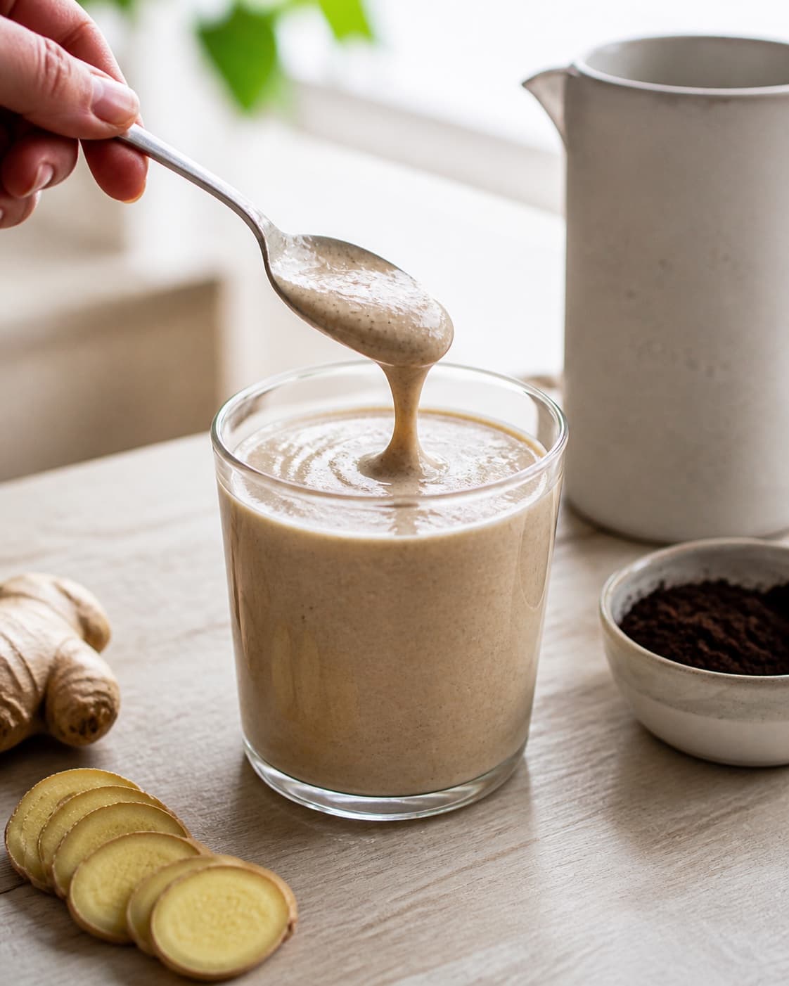 One single photorealistic instructional frame of one spoon checking the thick smoothie consistency for Smoothie med ingefær og lakrids, featuring banan, frisk ingefær, lakridspulver, with only the named equipment and no unrelated food, text, logos or packaging under tilberedningen af smoothie med ingefær og lakrids