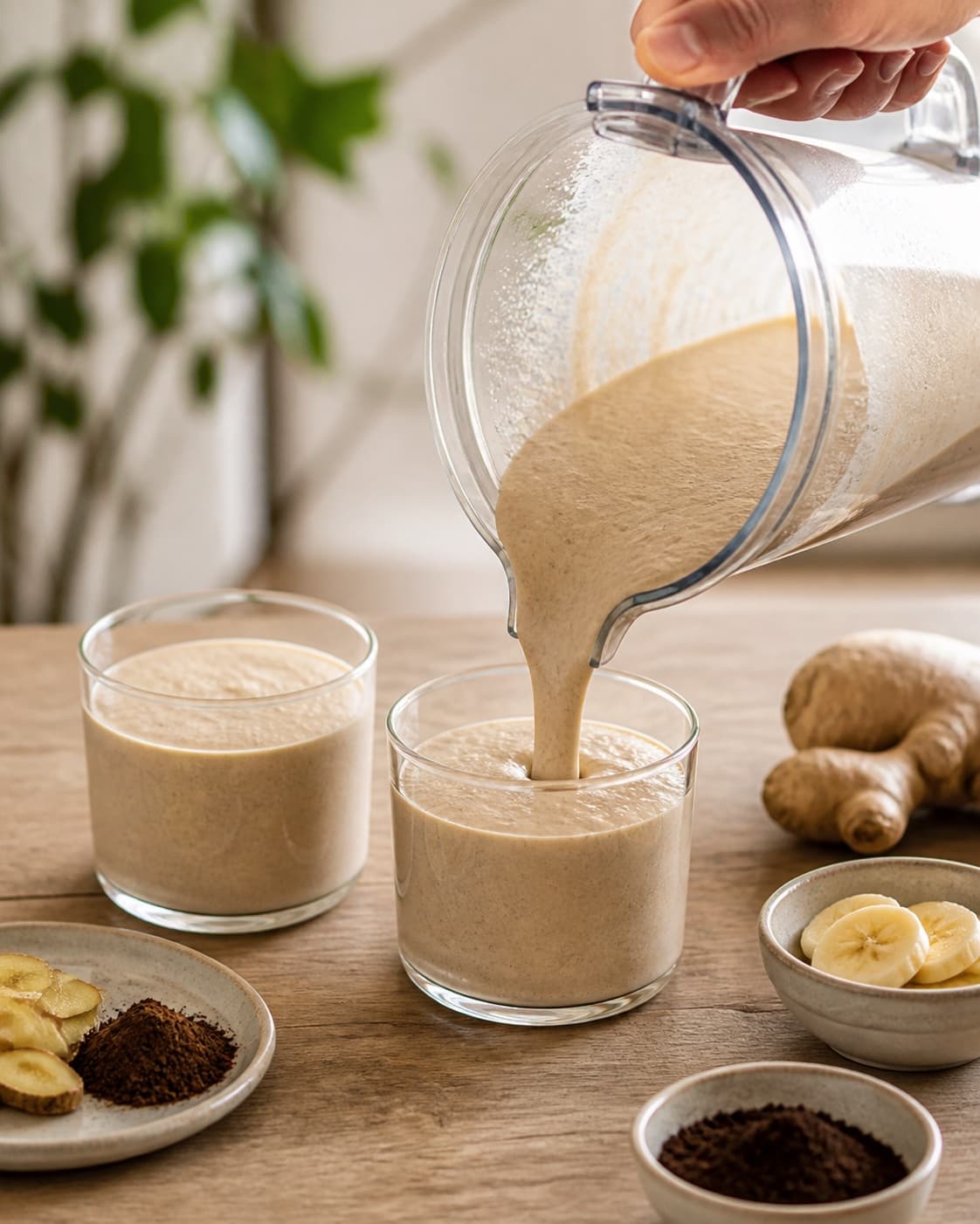One single photorealistic instructional frame of the finished smoothie poured into clean chilled glasses or bowls for Smoothie med ingefær og lakrids, featuring banan, frisk ingefær, lakridspulver, with only the named equipment and no unrelated food, text, logos or packaging under tilberedningen af smoothie med ingefær og lakrids