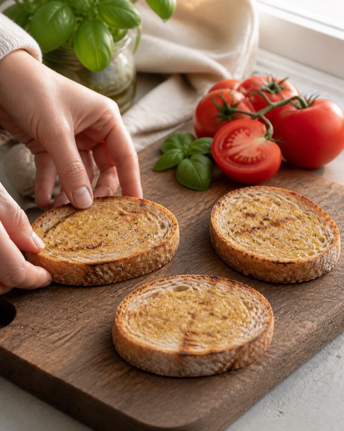 One single photorealistic instructional frame of three neat bite-size bases arranged separately for Bruschetta med tomat og basilikum, featuring surdejsbrød, modne tomater, frisk basilikum, with only the named equipment and no unrelated food, text, logos or packaging under tilberedningen af bruschetta med tomat og basilikum