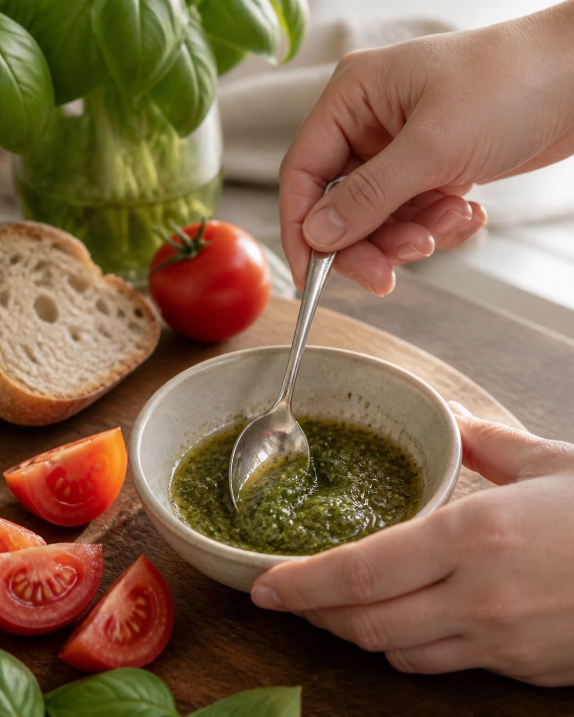 One single photorealistic instructional frame of a smooth savory spread in one small bowl for Bruschetta med tomat og basilikum, featuring surdejsbrød, modne tomater, frisk basilikum, with only the named equipment and no unrelated food, text, logos or packaging under tilberedningen af bruschetta med tomat og basilikum