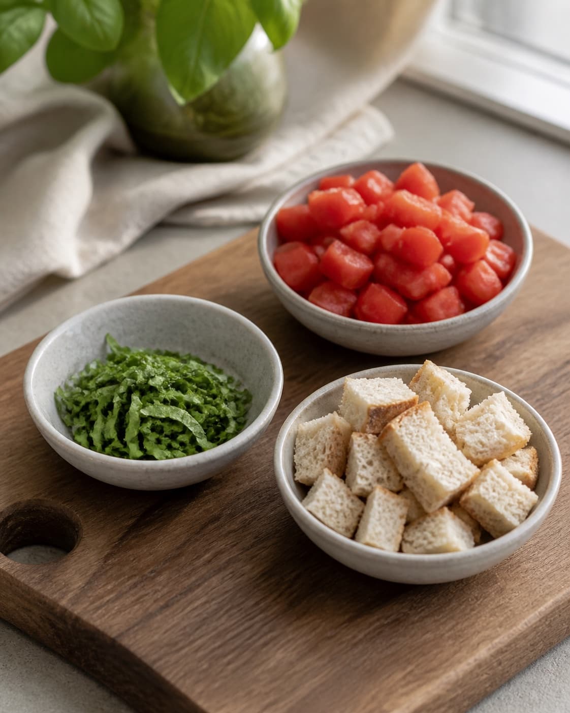 One single photorealistic instructional frame of three distinct toppings portioned in small bowls for Bruschetta med tomat og basilikum, featuring surdejsbrød, modne tomater, frisk basilikum, with only the named equipment and no unrelated food, text, logos or packaging under tilberedningen af bruschetta med tomat og basilikum
