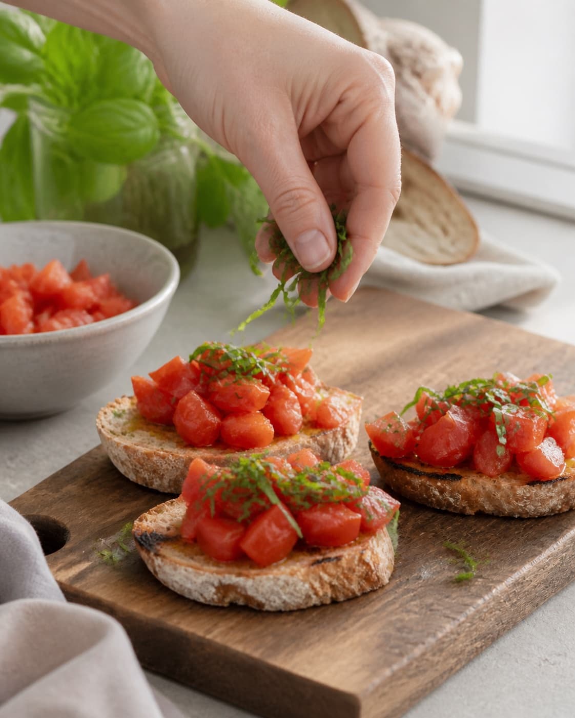 One single photorealistic instructional frame of realistic hands assembling three kinds of small bites for Bruschetta med tomat og basilikum, featuring surdejsbrød, modne tomater, frisk basilikum, with only the named equipment and no unrelated food, text, logos or packaging under tilberedningen af bruschetta med tomat og basilikum