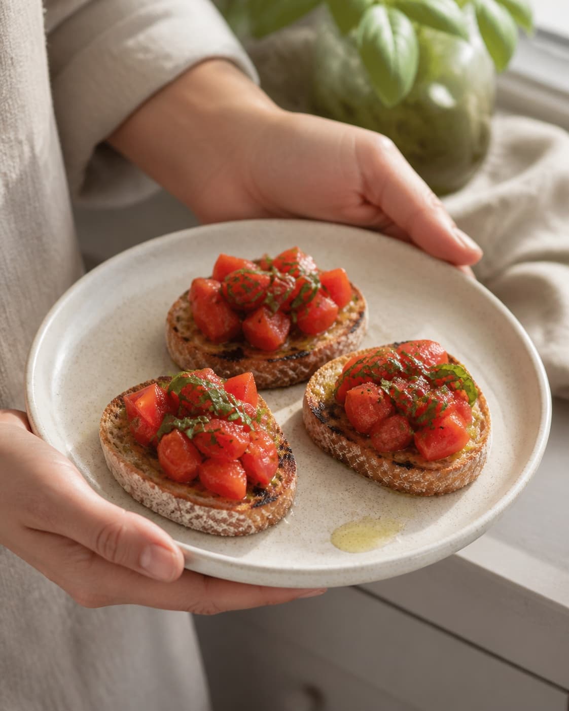 One single photorealistic instructional frame of three finished bite-size appetizers on one platter for Bruschetta med tomat og basilikum, featuring surdejsbrød, modne tomater, frisk basilikum, with only the named equipment and no unrelated food, text, logos or packaging under tilberedningen af bruschetta med tomat og basilikum