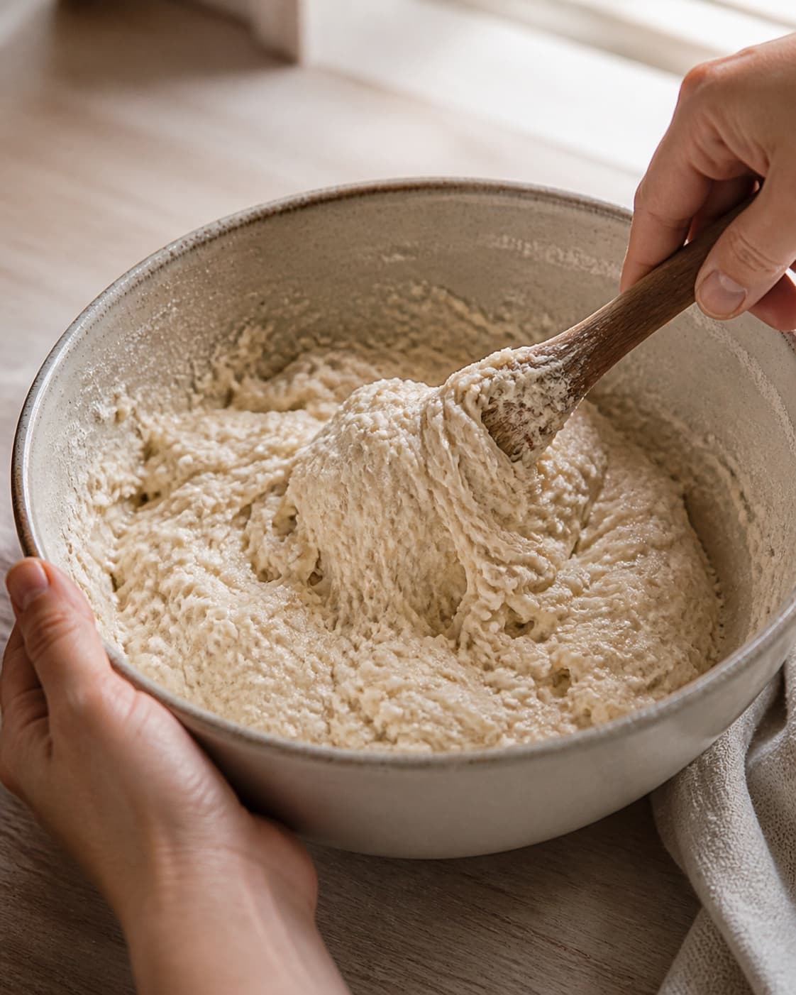 One single photorealistic instructional frame of soft bread dough mixing in one bowl for Boller med ris, featuring hvedemel, kogte ris, gær, with only the named equipment and no unrelated food, text, logos or packaging under tilberedningen af boller med ris