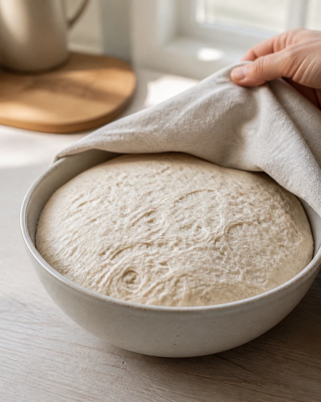 One single photorealistic instructional frame of elastic risen dough in one covered bowl for Boller med ris, featuring hvedemel, kogte ris, gær, with only the named equipment and no unrelated food, text, logos or packaging under tilberedningen af boller med ris