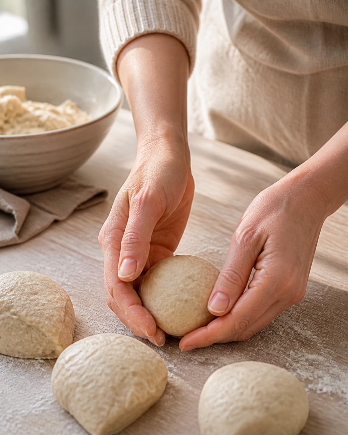 One single photorealistic instructional frame of hands shaping the dough into the recipe-specific form for Boller med ris, featuring hvedemel, kogte ris, gær, with only the named equipment and no unrelated food, text, logos or packaging under tilberedningen af boller med ris