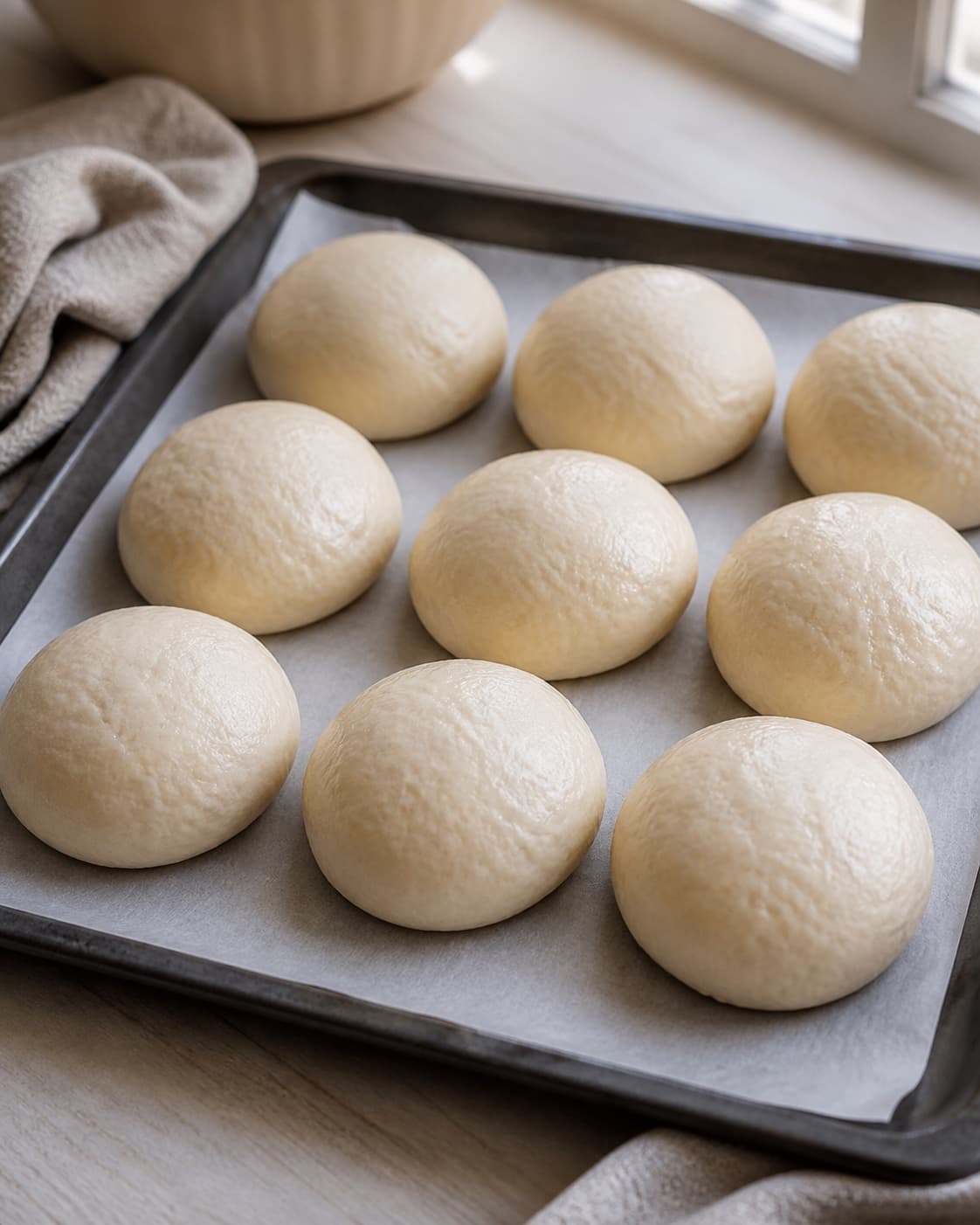 One single photorealistic instructional frame of shaped pale dough pieces visibly risen on one baking tray for Boller med ris, featuring hvedemel, kogte ris, gær, with only the named equipment and no unrelated food, text, logos or packaging under tilberedningen af boller med ris