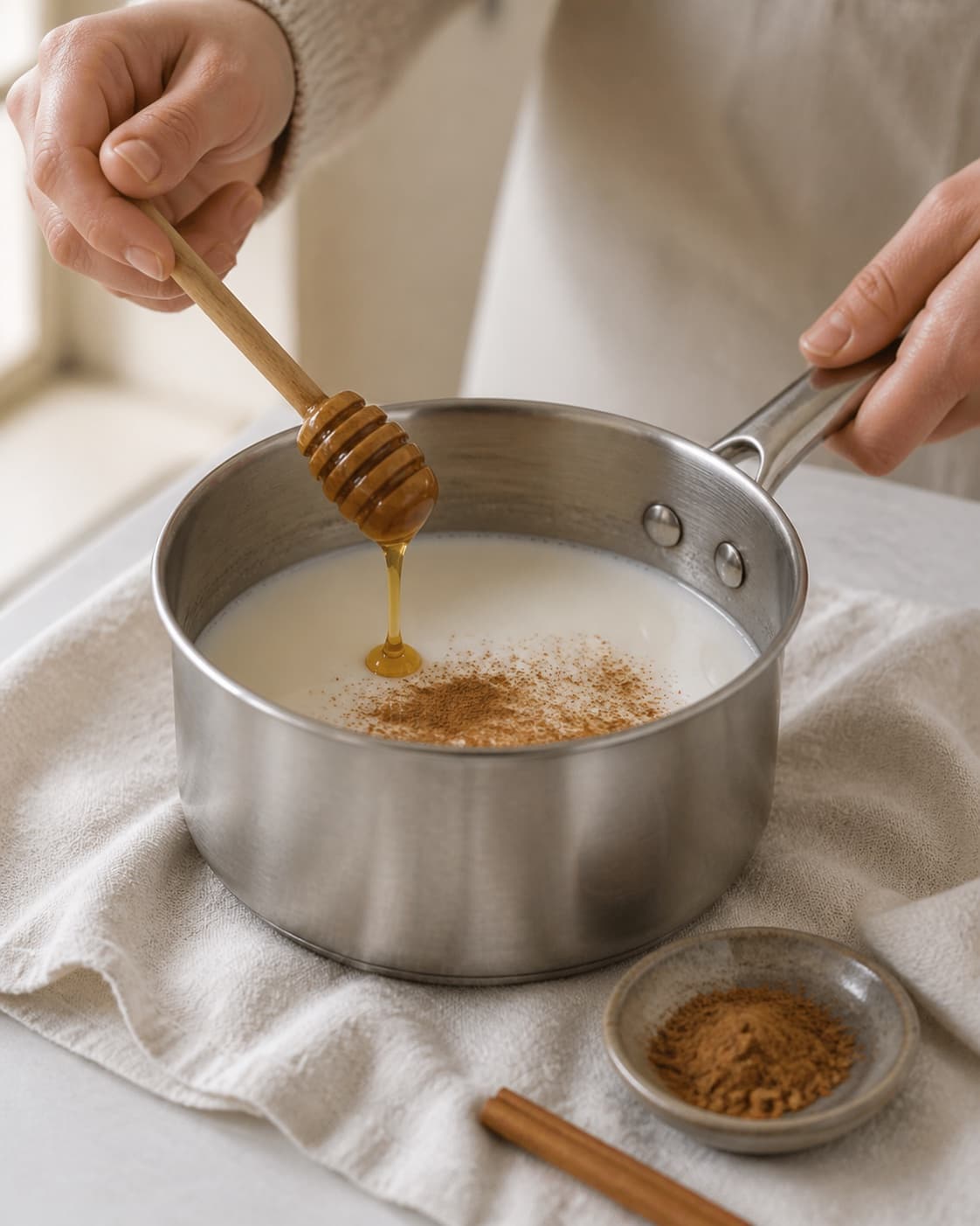 One single photorealistic instructional frame of the aromatic drink base being prepared in one small saucepan for Varm mælk med honning og kanel, featuring mælk, honning, stødt kanel, with only the named equipment and no unrelated food, text, logos or packaging under tilberedningen af varm mælk med honning og kanel