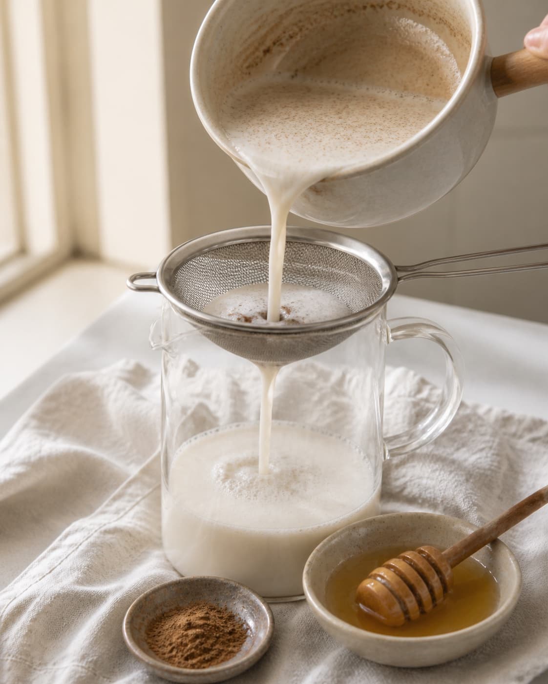 One single photorealistic instructional frame of a strained drink base cooling in one clear jug for Varm mælk med honning og kanel, featuring mælk, honning, stødt kanel, with only the named equipment and no unrelated food, text, logos or packaging under tilberedningen af varm mælk med honning og kanel