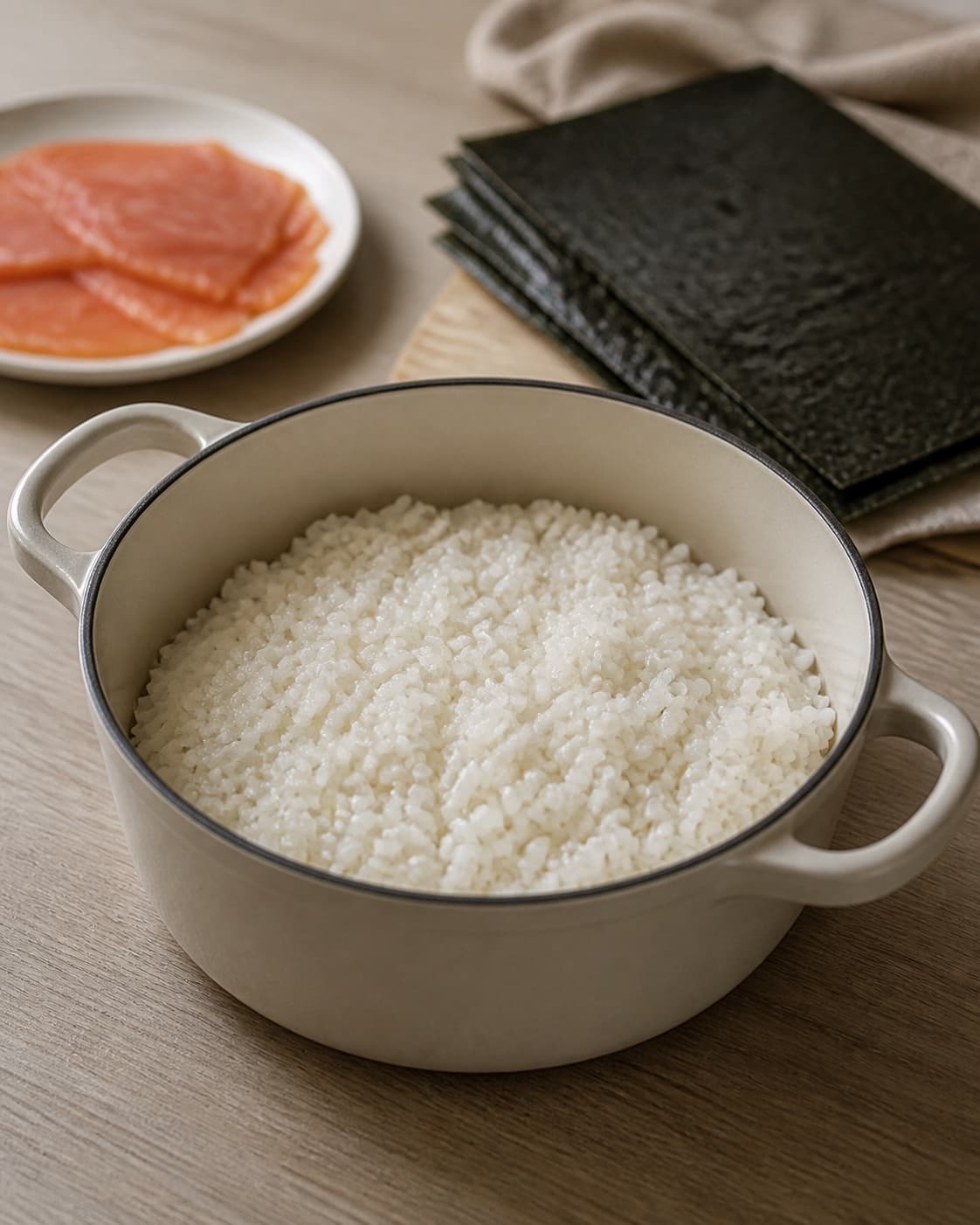 One single photorealistic instructional frame of glossy cooked sushi rice resting in one pot for Maki sushi med koldrøget laks, featuring sushiris, nori, koldrøget laks, with only the named equipment and no unrelated food, text, logos or packaging under tilberedningen af maki sushi med koldrøget laks
