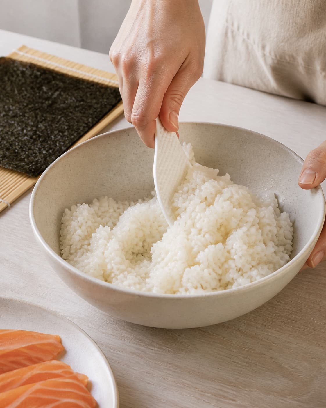 One single photorealistic instructional frame of sushi rice being gently folded with seasoning for Maki sushi med koldrøget laks, featuring sushiris, nori, koldrøget laks, with only the named equipment and no unrelated food, text, logos or packaging under tilberedningen af maki sushi med koldrøget laks