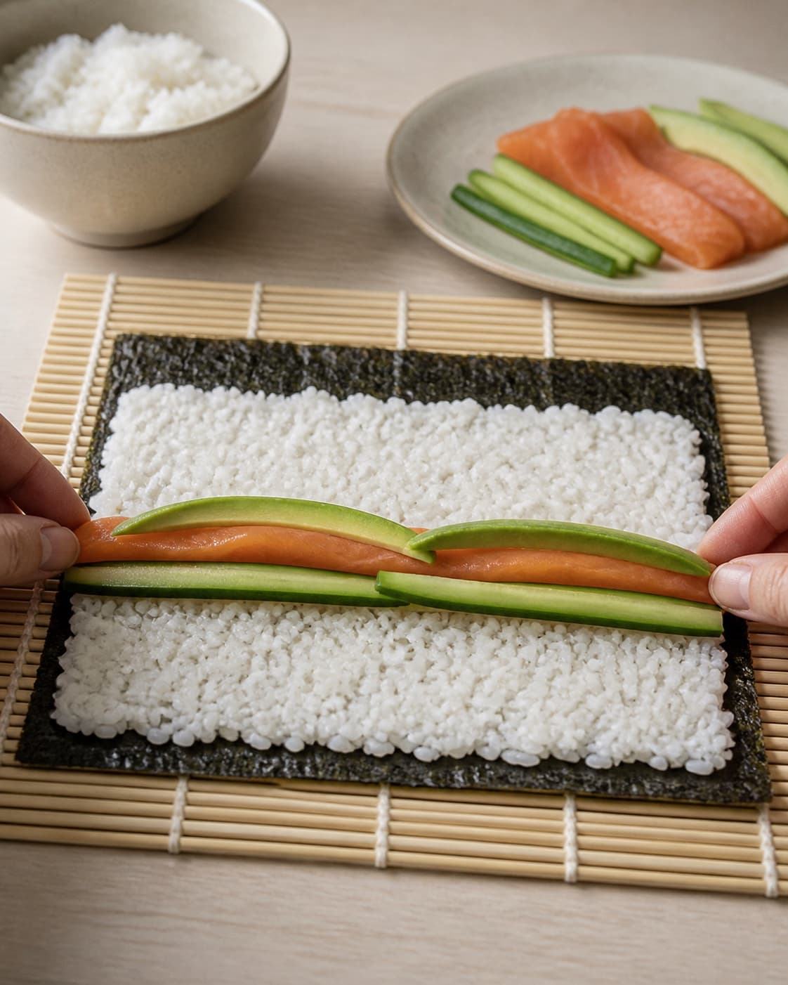 One single photorealistic instructional frame of cooked salmon and vegetable strips prepared separately for Maki sushi med koldrøget laks, featuring sushiris, nori, koldrøget laks, with only the named equipment and no unrelated food, text, logos or packaging under tilberedningen af maki sushi med koldrøget laks