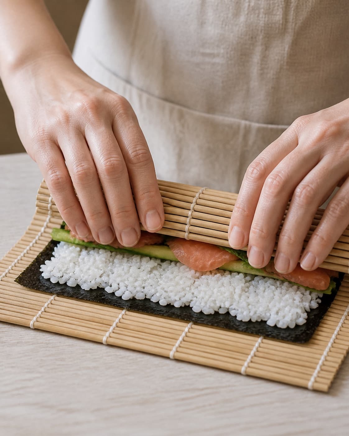 One single photorealistic instructional frame of realistic hands rolling one maki roll on a bamboo mat for Maki sushi med koldrøget laks, featuring sushiris, nori, koldrøget laks, with only the named equipment and no unrelated food, text, logos or packaging under tilberedningen af maki sushi med koldrøget laks