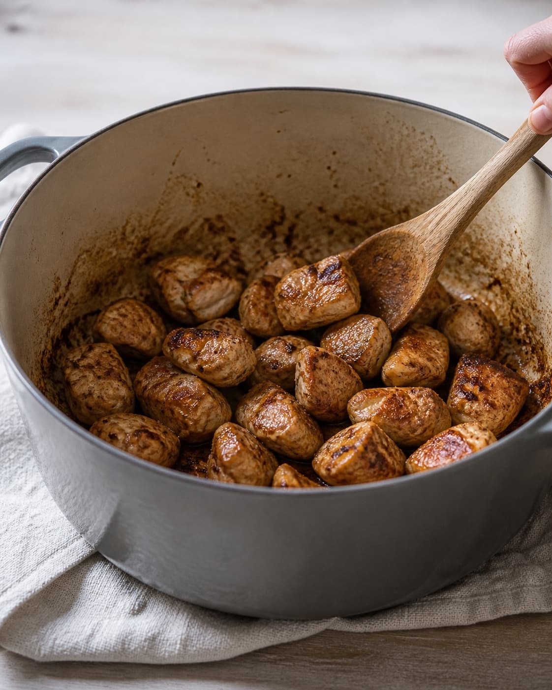 One single photorealistic instructional frame of meat cubes searing deeply brown in one heavy pot for Gryderet med peanutbuttersauce, featuring kyllingebryst, peanutbutter, kokosmælk, with only the named equipment and no unrelated food, text, logos or packaging under tilberedningen af gryderet med peanutbuttersauce