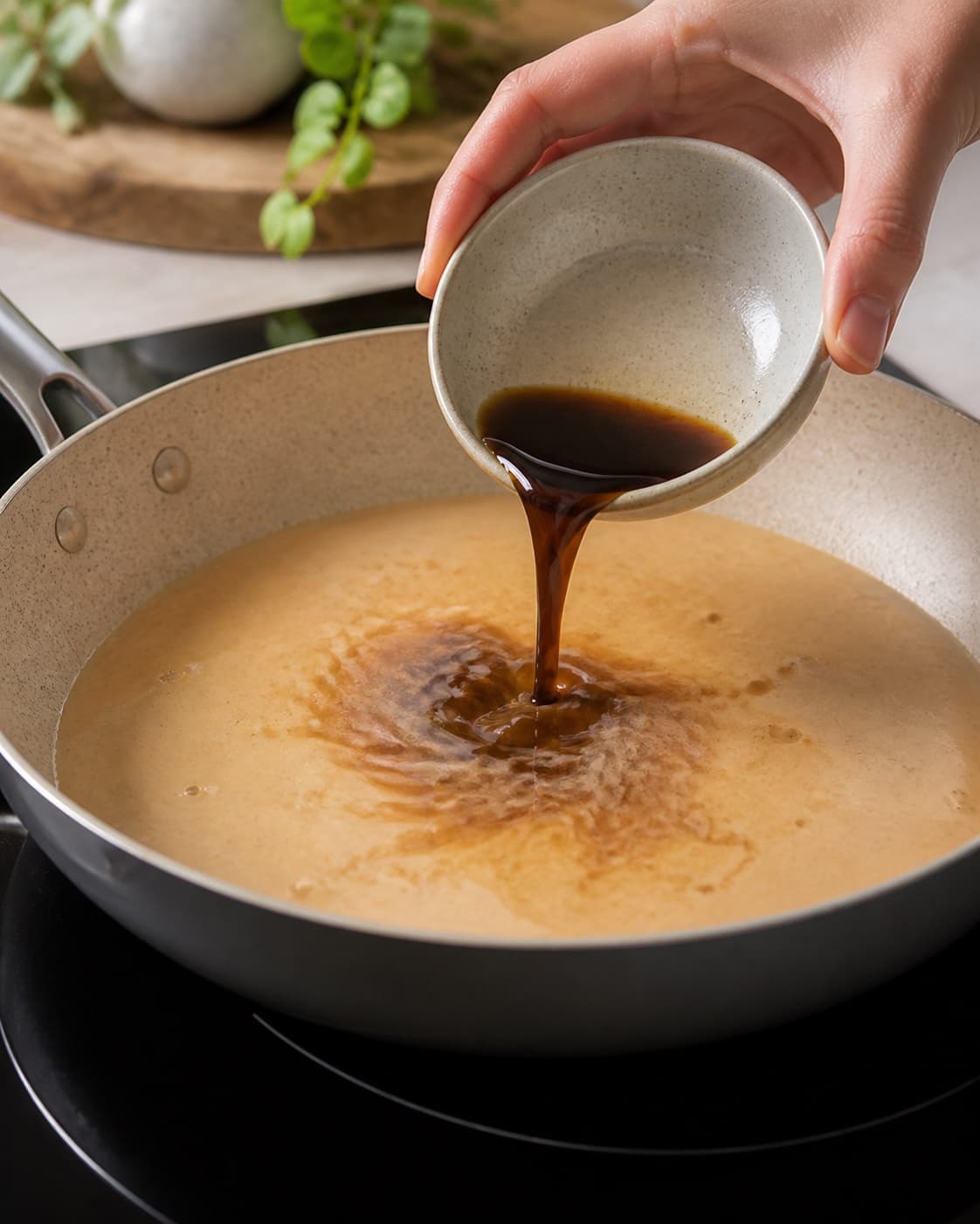 One single photorealistic instructional frame of dark fond dissolving into the added cooking liquid for Gryderet med peanutbuttersauce, featuring kyllingebryst, peanutbutter, kokosmælk, with only the named equipment and no unrelated food, text, logos or packaging under tilberedningen af gryderet med peanutbuttersauce