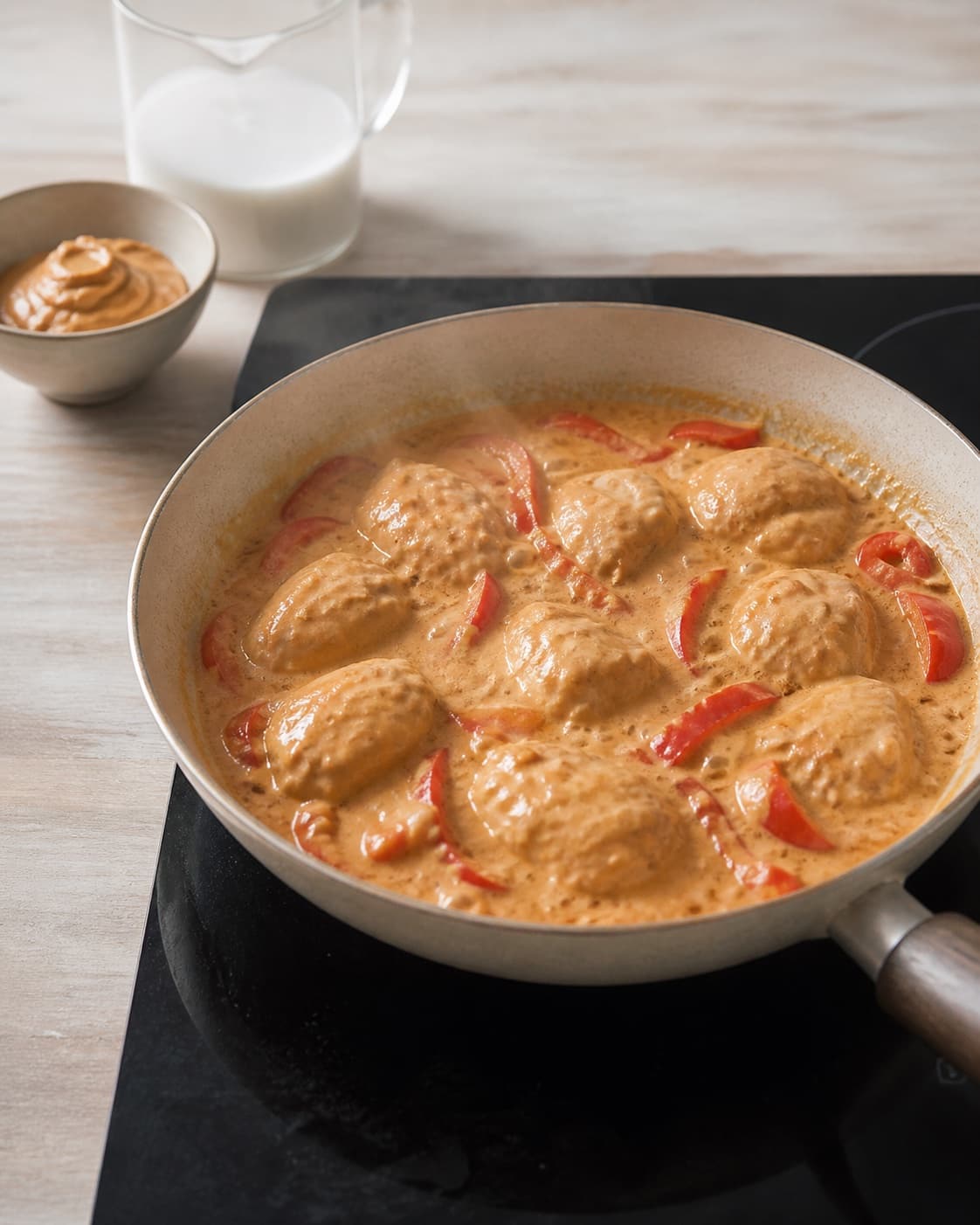One single photorealistic instructional frame of the stew gently braising with tender meat and vegetables for Gryderet med peanutbuttersauce, featuring kyllingebryst, peanutbutter, kokosmælk, with only the named equipment and no unrelated food, text, logos or packaging under tilberedningen af gryderet med peanutbuttersauce