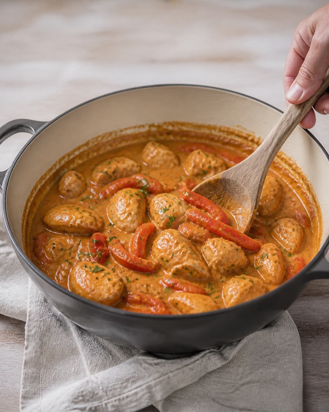One single photorealistic instructional frame of the finished glossy stew ready in one serving pot for Gryderet med peanutbuttersauce, featuring kyllingebryst, peanutbutter, kokosmælk, with only the named equipment and no unrelated food, text, logos or packaging under tilberedningen af gryderet med peanutbuttersauce