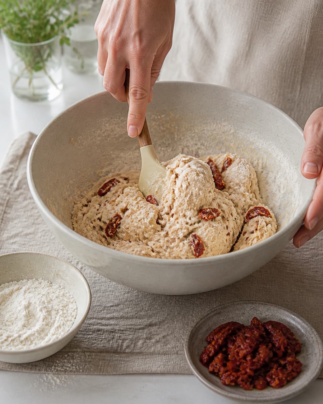 One single photorealistic instructional frame of soft bread dough mixing in one bowl for Madbrød med soltørrede tomater, chili og parmesan, featuring hvedemel, gær, soltørrede tomater, with only the named equipment and no unrelated food, text, logos or packaging under tilberedningen af madbrød med soltørrede tomater, chili og parmesan
