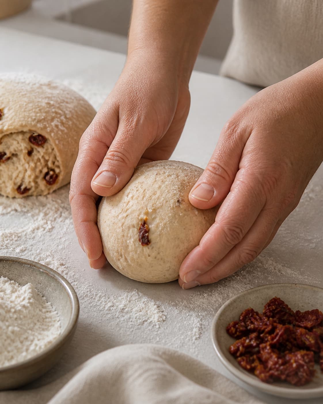 One single photorealistic instructional frame of hands shaping the dough into the recipe-specific form for Madbrød med soltørrede tomater, chili og parmesan, featuring hvedemel, gær, soltørrede tomater, with only the named equipment and no unrelated food, text, logos or packaging under tilberedningen af madbrød med soltørrede tomater, chili og parmesan