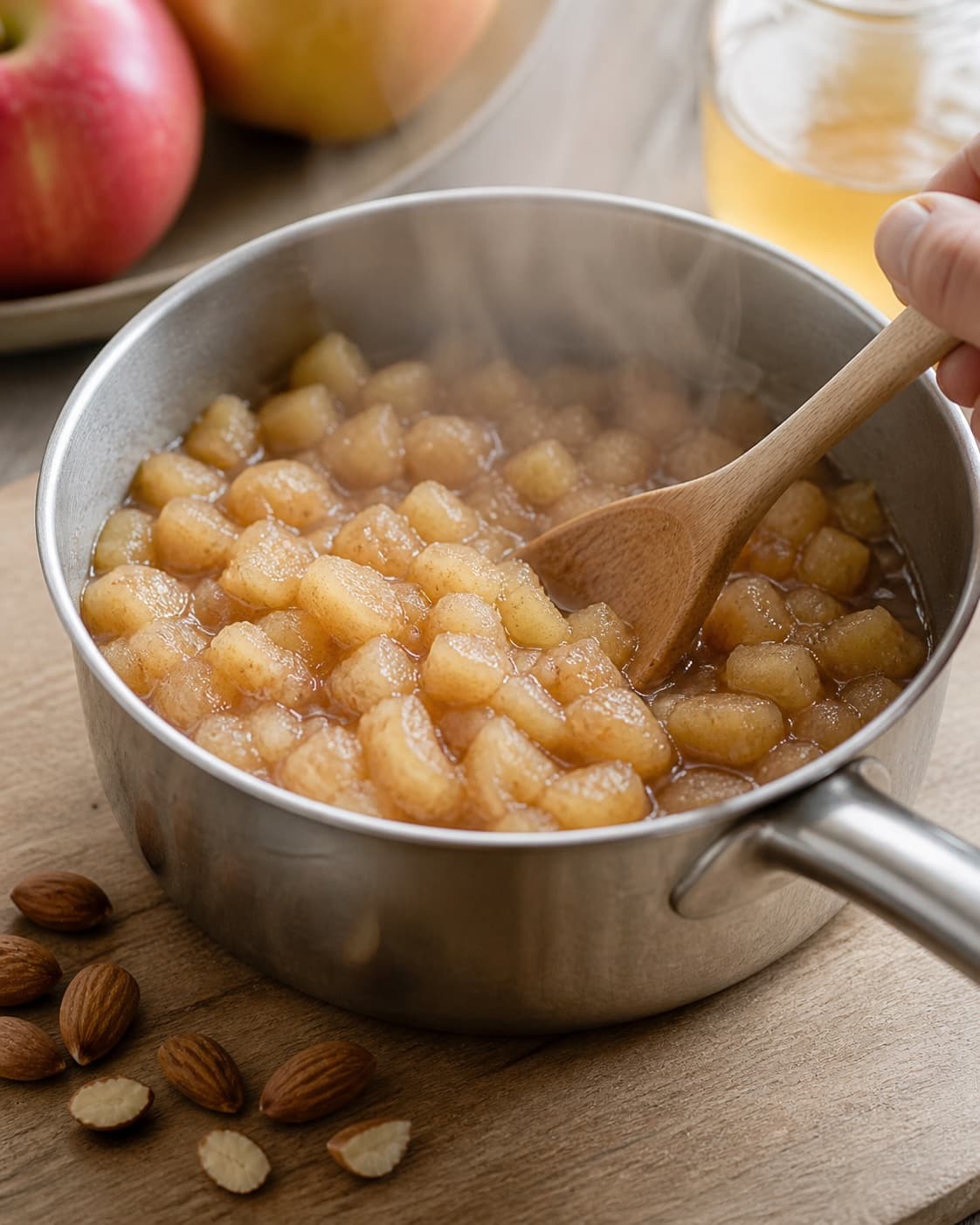 One single photorealistic instructional frame of the main vegetable simmering until tender for Æble-mandel chutney, featuring æbler, mandler, æblecidereddike, with only the named equipment and no unrelated food, text, logos or packaging under tilberedningen af æble-mandel chutney