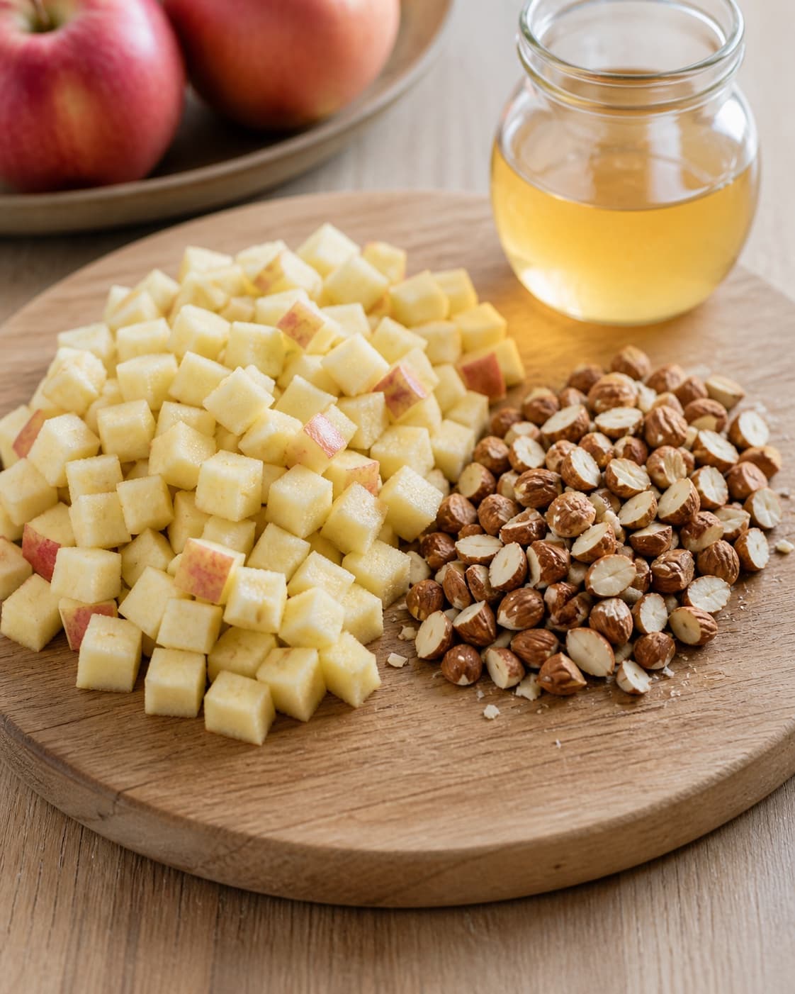 One single photorealistic instructional frame of even vegetable slices prepared on one board for Æble-mandel chutney, featuring æbler, mandler, æblecidereddike, with only the named equipment and no unrelated food, text, logos or packaging under tilberedningen af æble-mandel chutney