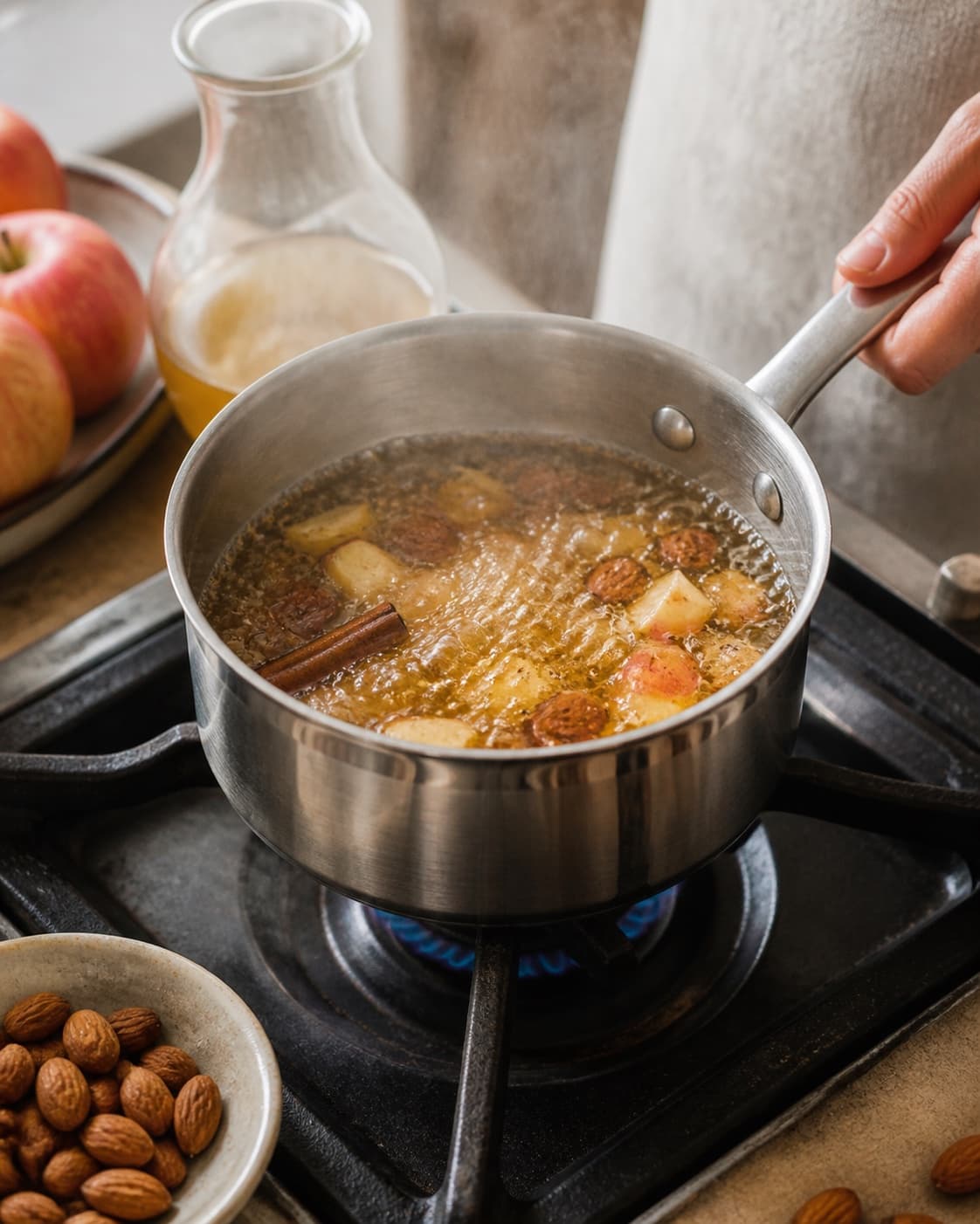One single photorealistic instructional frame of clear spiced pickling brine simmering for Æble-mandel chutney, featuring æbler, mandler, æblecidereddike, with only the named equipment and no unrelated food, text, logos or packaging under tilberedningen af æble-mandel chutney