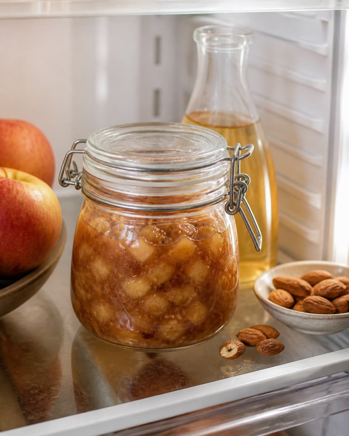 One single photorealistic instructional frame of the sealed pickle jar resting in refrigeration for Æble-mandel chutney, featuring æbler, mandler, æblecidereddike, with only the named equipment and no unrelated food, text, logos or packaging under tilberedningen af æble-mandel chutney