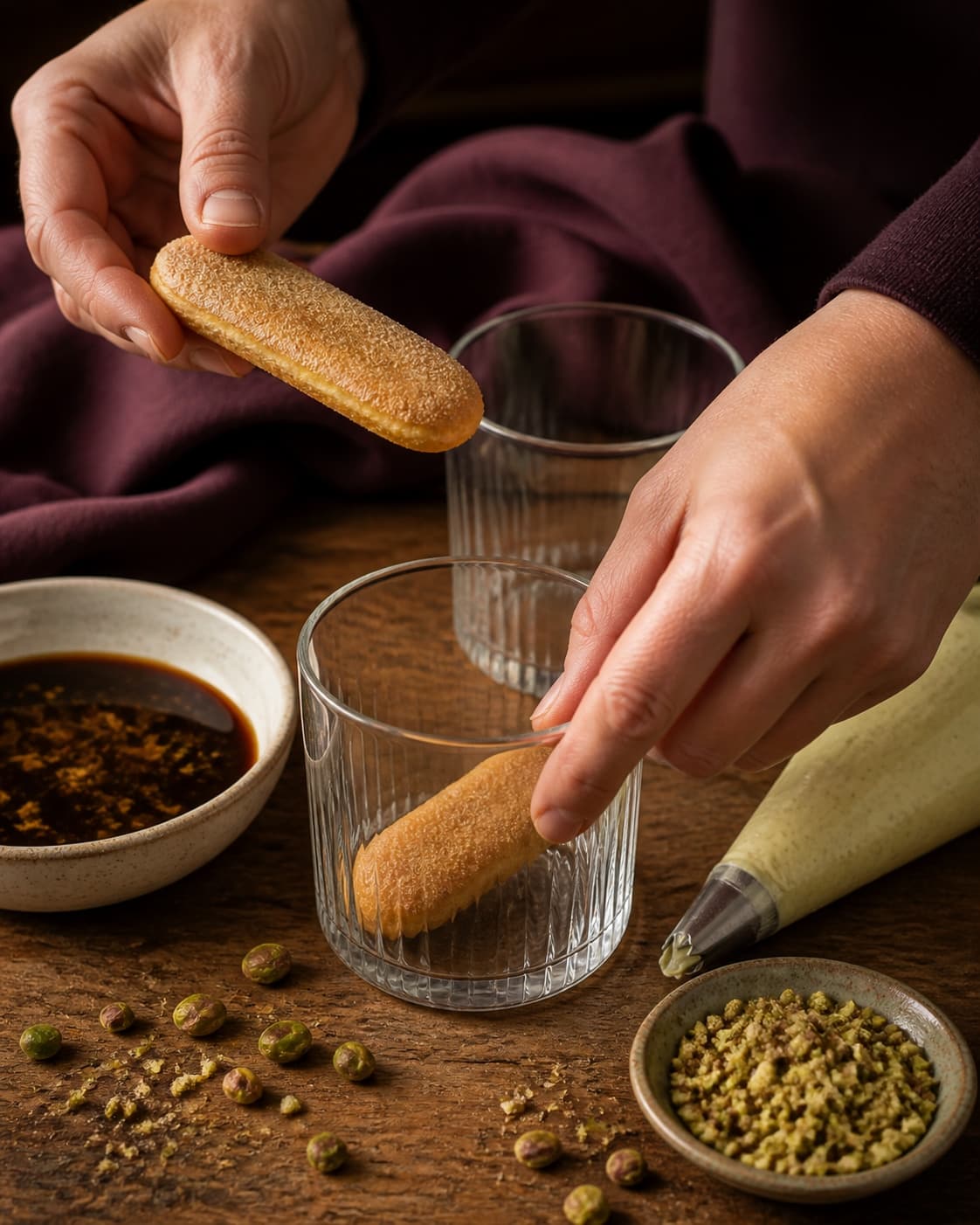 To hænder lægger faste kun let kaffefugtede ladyfingers i klare glas ved espresso, pistaciecreme og hakket praline