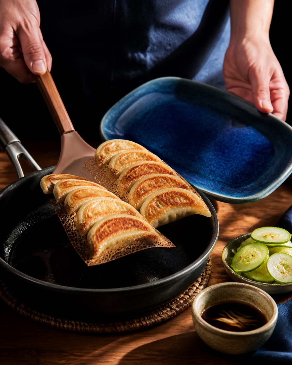 To hænder løfter dumplings og et sammenhængende gyldent perforeret skørt fra panden mod et tomt koboltblåt fad