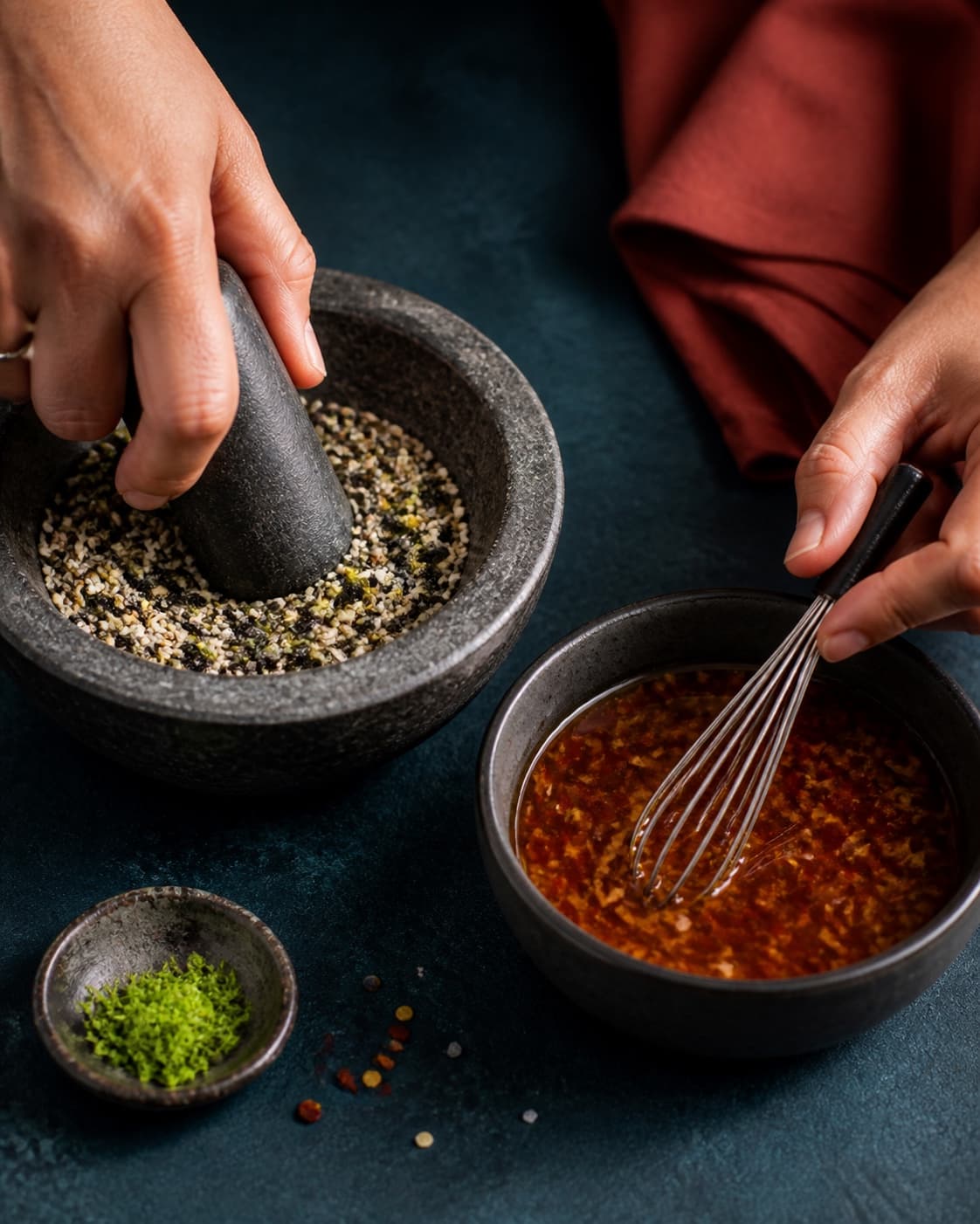 To hænder knuser sesam, nori, limeskal og salt i morter og rører samtidig en blank rødbrun chili-limedip i separat skål