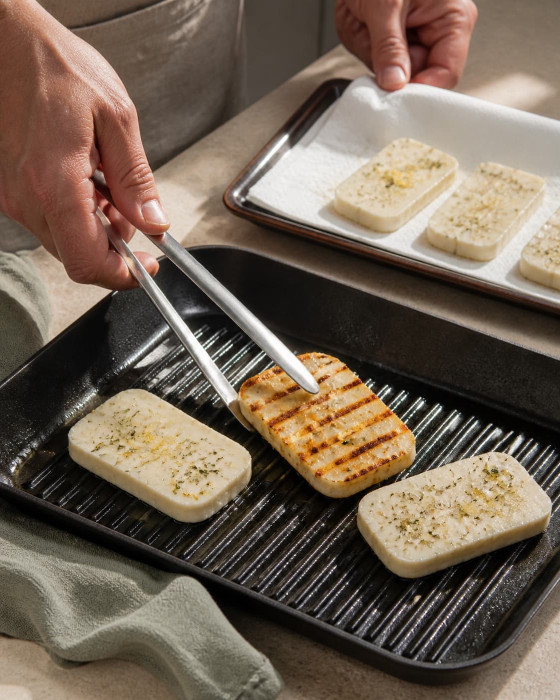 To hænder vender en tør tyk halloumiskive med mørke parallelle grillstriber ved øvrige rå krydrede skiver på køkkenrulle