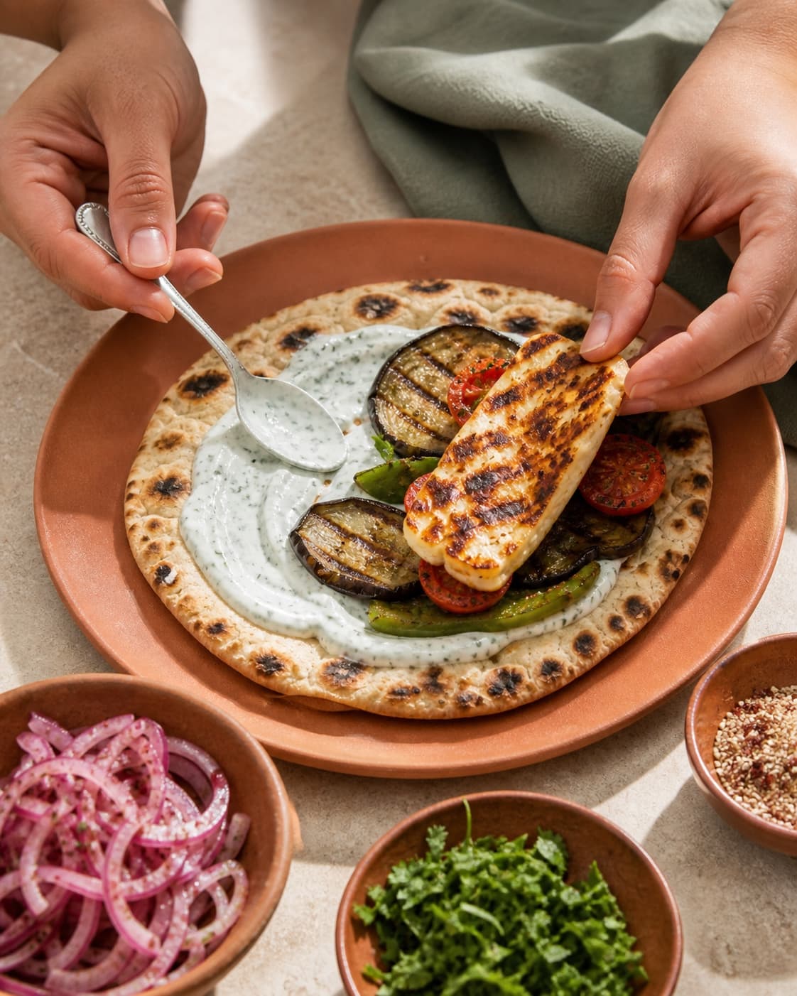 To hænder bygger ét åbent grillet fladbrød med yoghurt inden for tør kant, faste grøntsager og en varm stribet halloumiskive