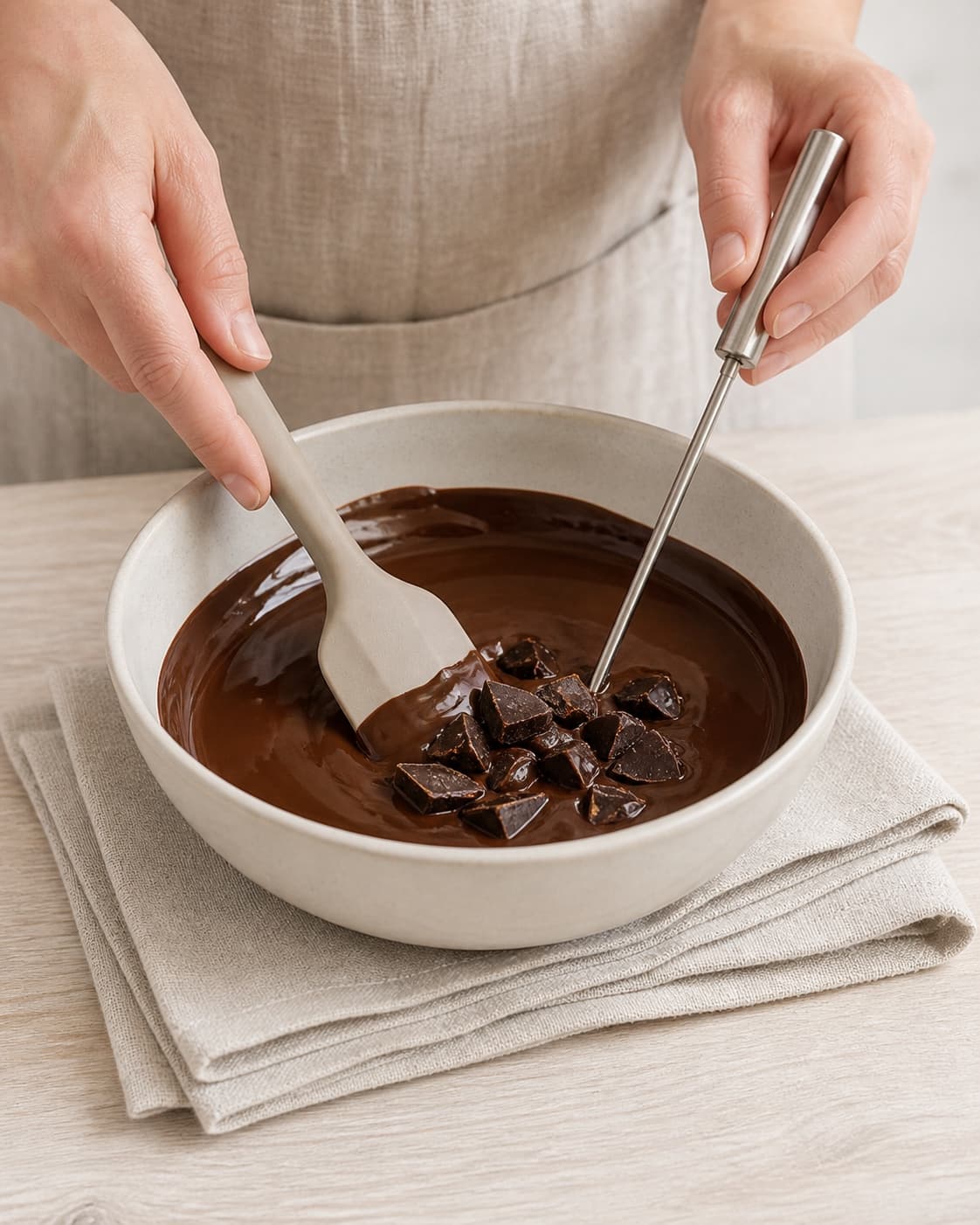 To hænder rører faste mørke chokoladestykker i en blank smeltet portion og måler tørt med displayet skjult