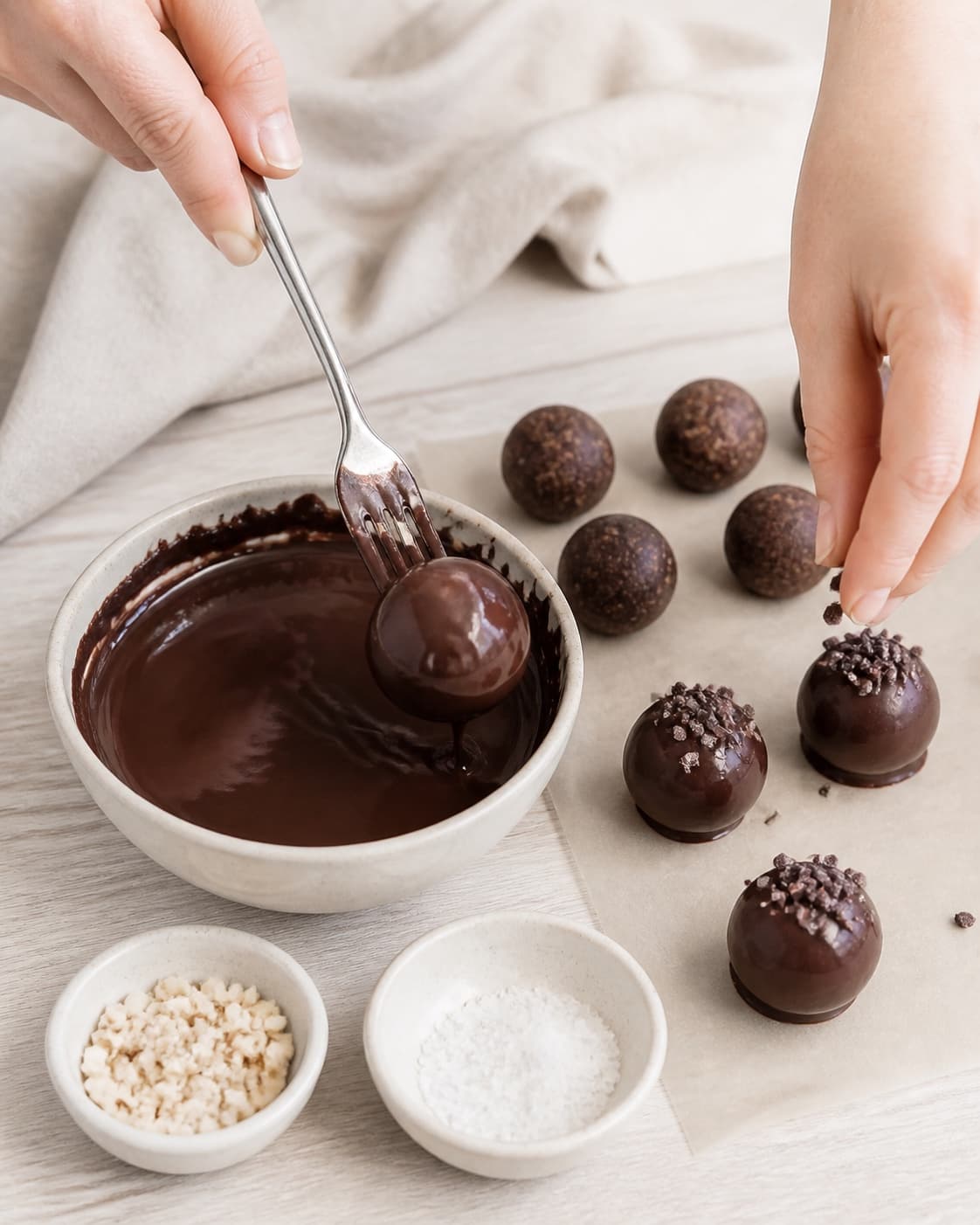 To hænder løfter én kold kugle fra blank mørk chokolade og drysser kakaonibs på en anden våd overtrukket kugle på rent papir
