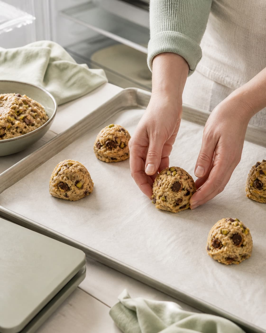 To hænder sætter høje grove portioner af glat cookie-dej med pistacie og mørk chokolade på bagepapir foran køleskabet