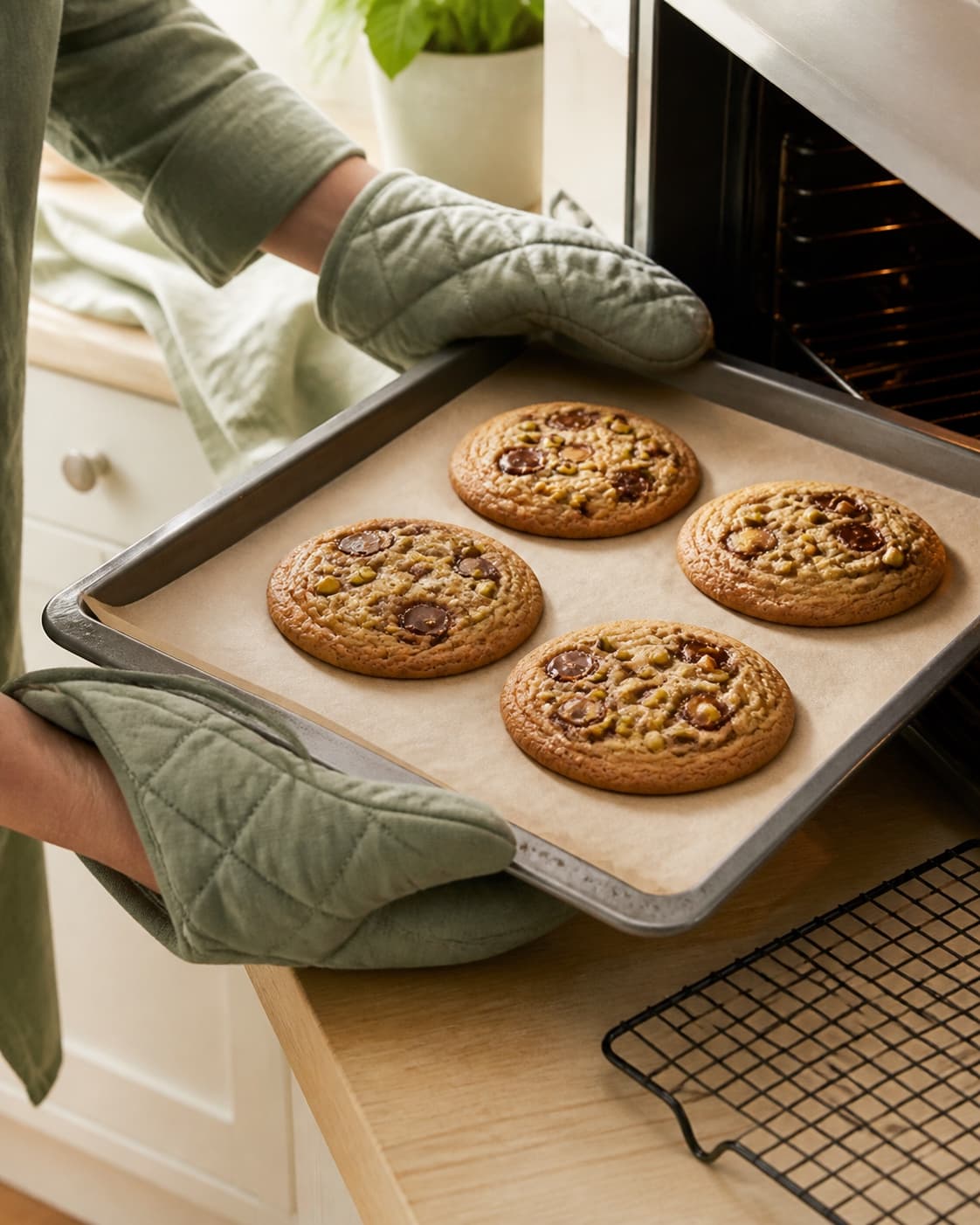 To ovnhandsker løfter en plade med fire pistaciecookies, der har dybt gyldne kanter og lysere bløde midter, ud af ovnen