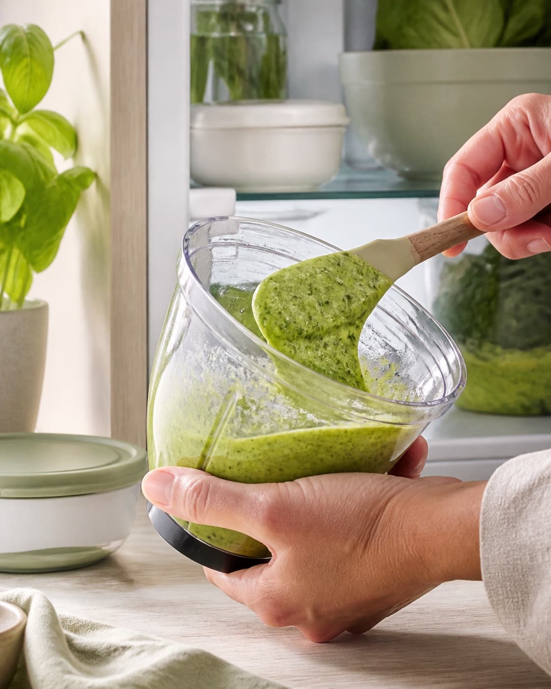 To hænder viser en tæt klart grøn kold dressing med urter, skyr, citron og kapers på en dejskraber foran køleskabet