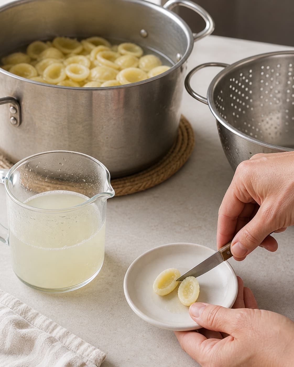 En hånd skærer en kogt orecchiette over for at kontrollere fast kerne ved gemt stivelsesrigt pastavand og ventende si